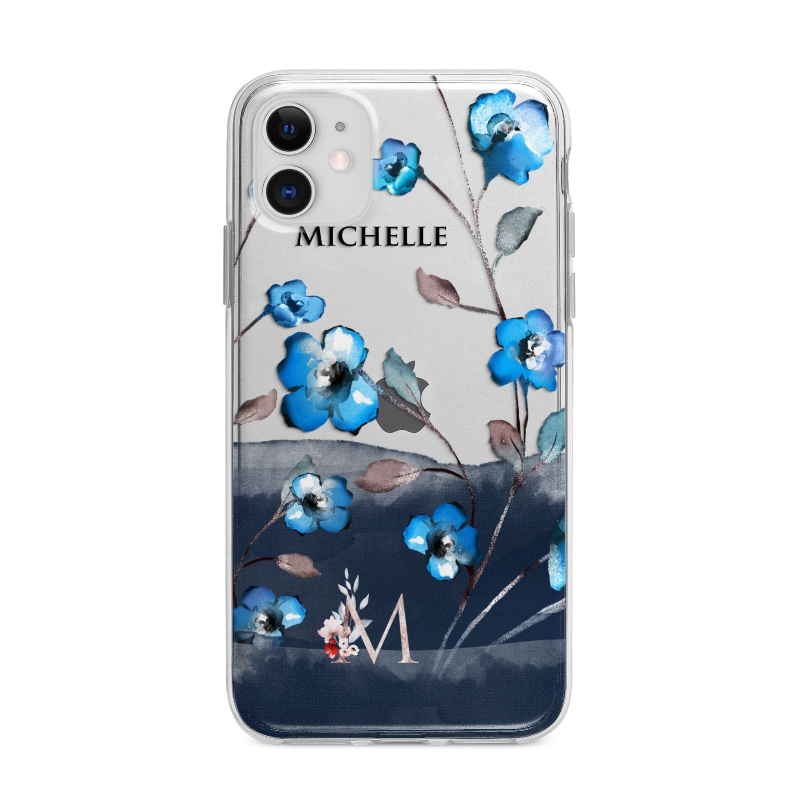Personalised Blue Watercolour Flowers Apple iPhone 11 in White with Bumper Case