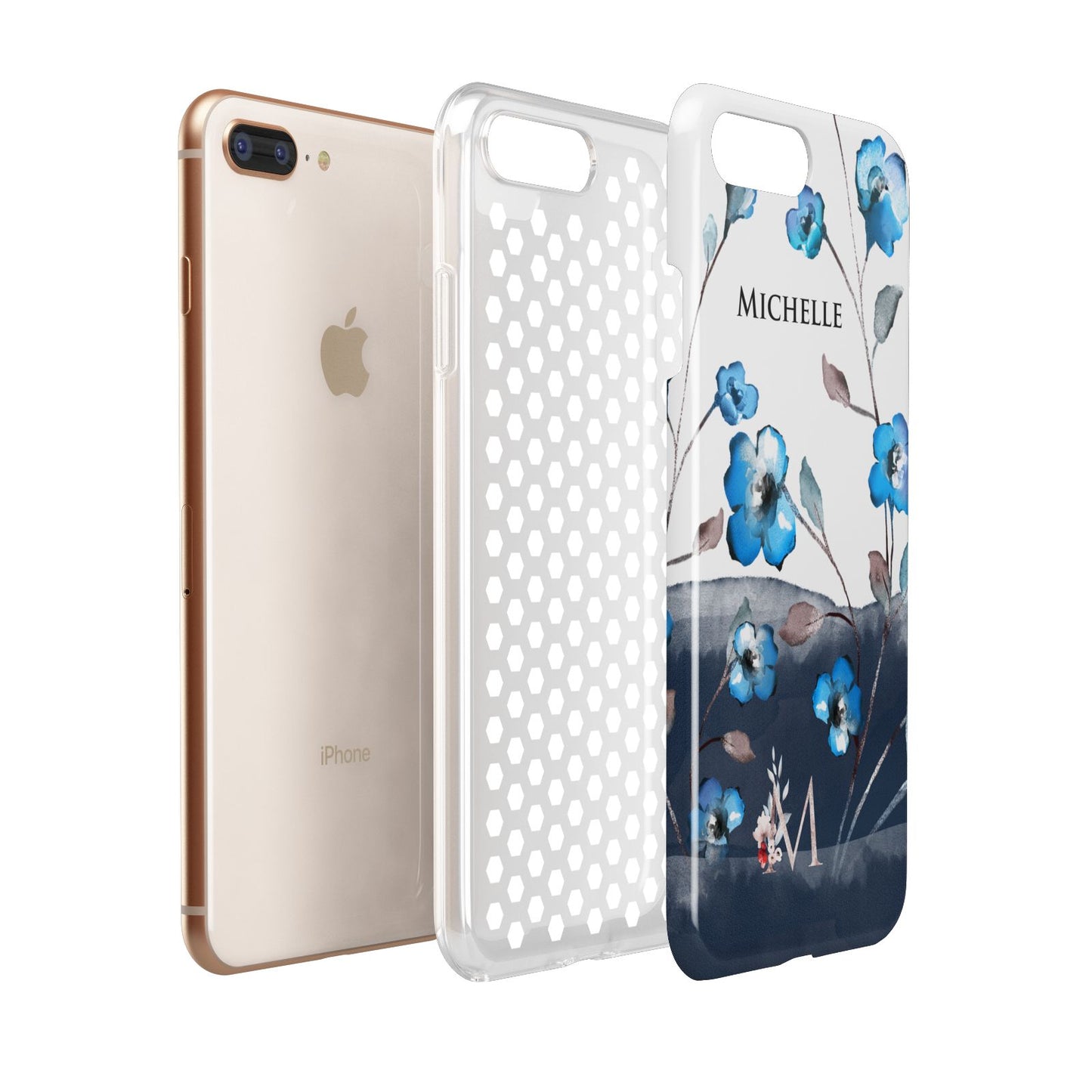 Personalised Blue Watercolour Flowers Apple iPhone 7 8 Plus 3D Tough Case Expanded View