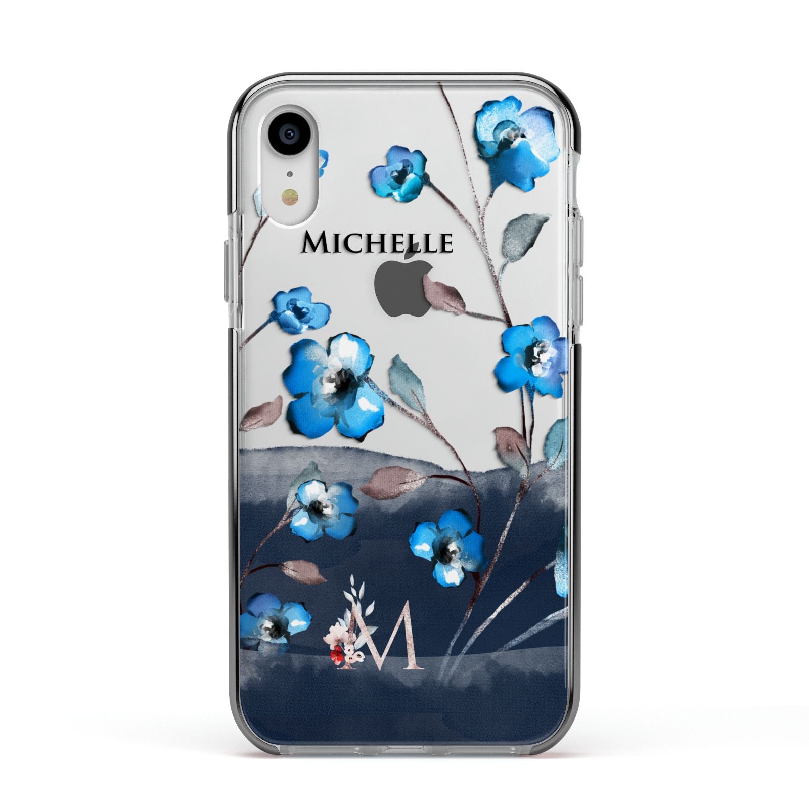 Personalised Blue Watercolour Flowers Apple iPhone XR Impact Case Black Edge on Silver Phone