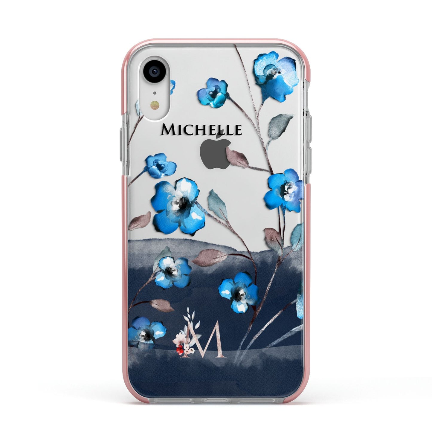 Personalised Blue Watercolour Flowers Apple iPhone XR Impact Case Pink Edge on Silver Phone