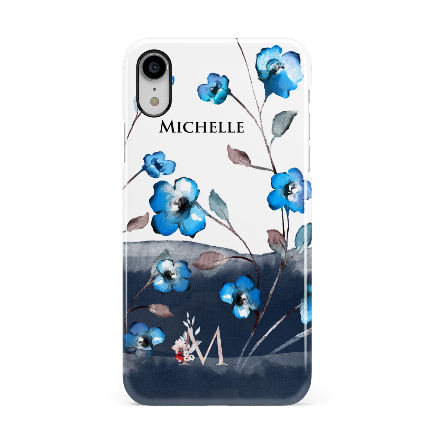 Personalised Blue Watercolour Flowers Apple iPhone XR White 3D Snap Case