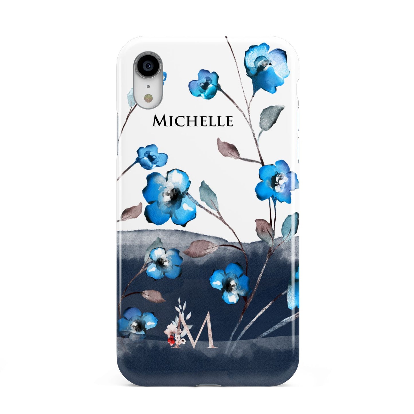 Personalised Blue Watercolour Flowers Apple iPhone XR White 3D Tough Case