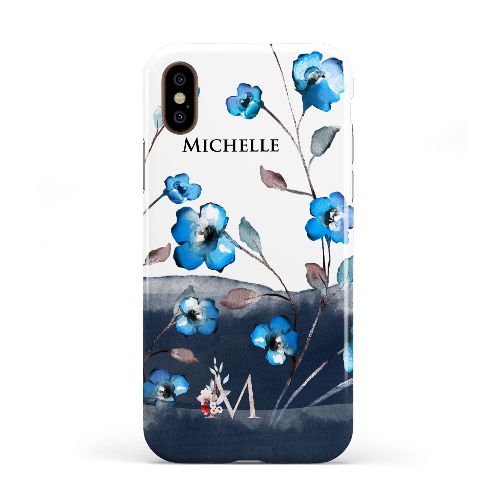 Personalised Blue Watercolour Flowers Apple iPhone XS 3D Tough