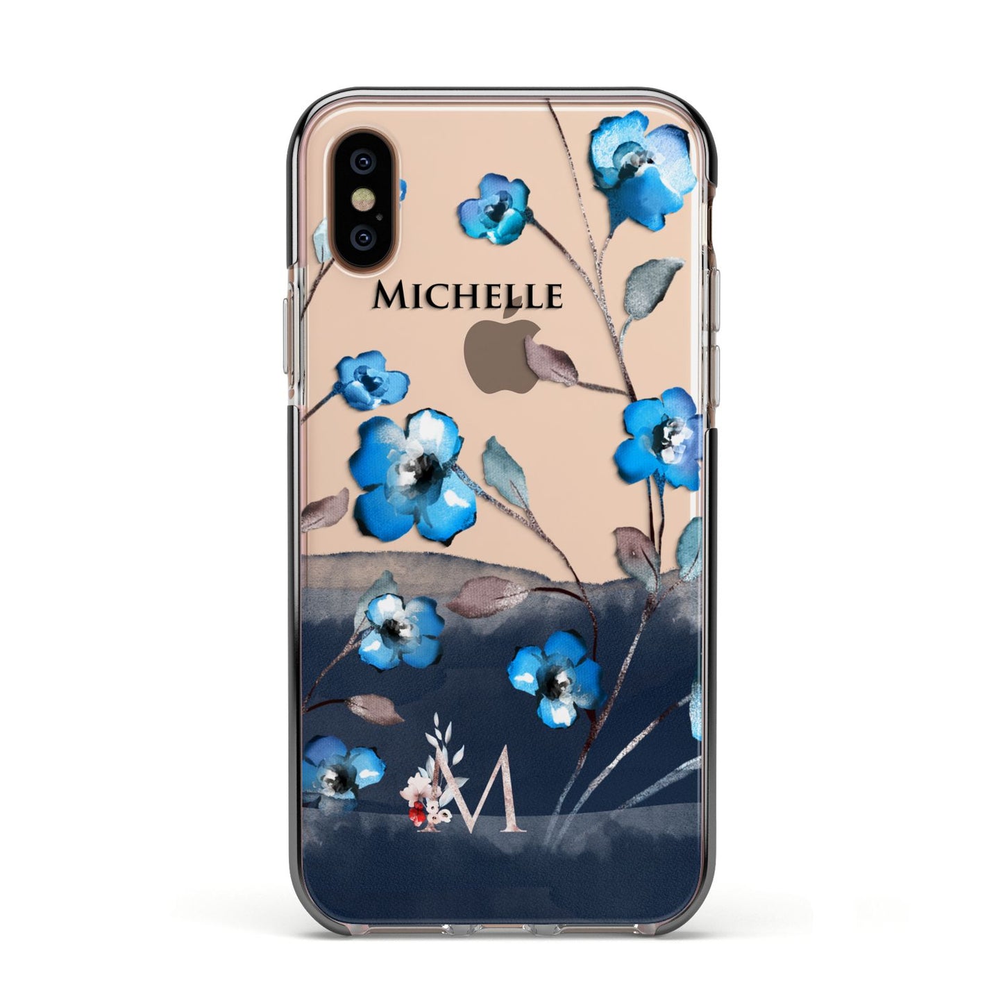 Personalised Blue Watercolour Flowers Apple iPhone Xs Impact Case Black Edge on Gold Phone