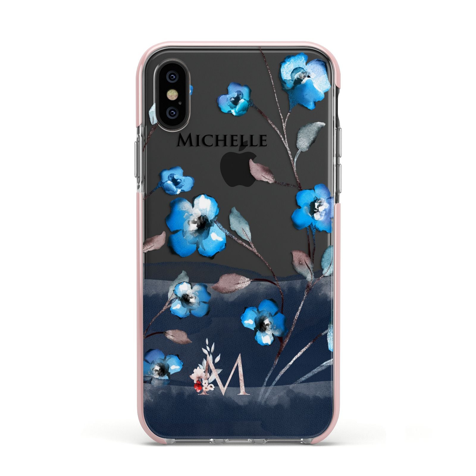 Personalised Blue Watercolour Flowers Apple iPhone Xs Impact Case Pink Edge on Black Phone