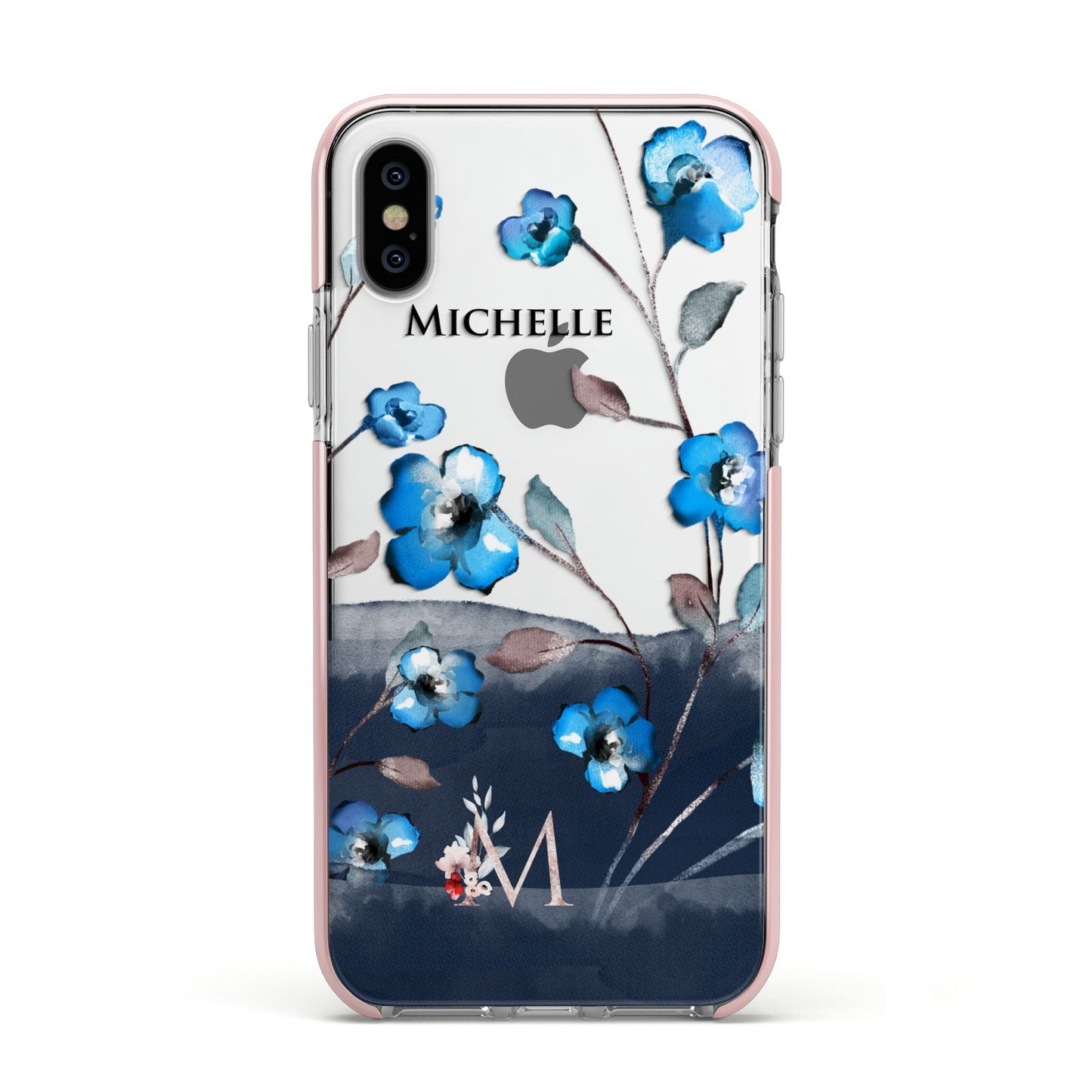 Personalised Blue Watercolour Flowers Apple iPhone Xs Impact Case Pink Edge on Silver Phone