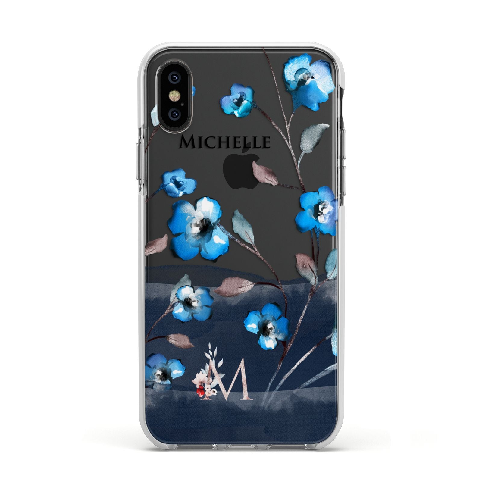 Personalised Blue Watercolour Flowers Apple iPhone Xs Impact Case White Edge on Black Phone