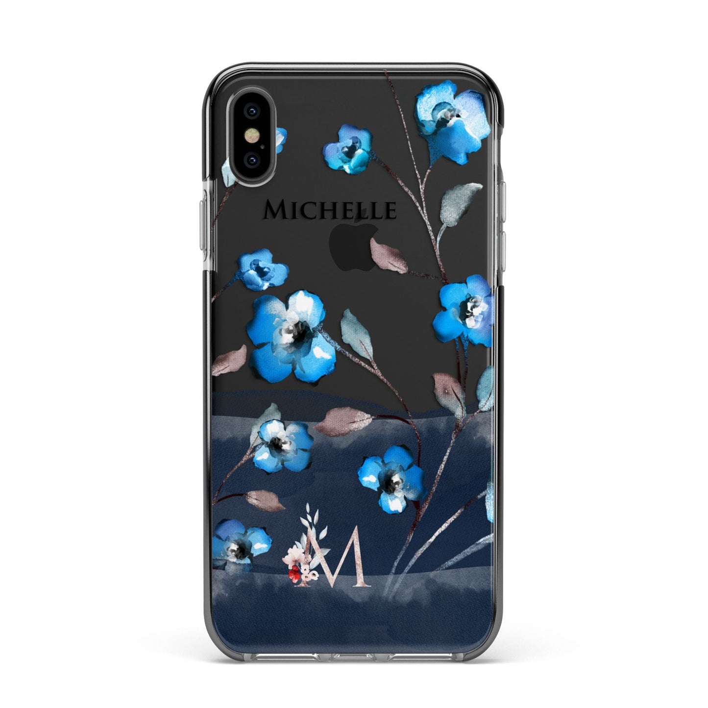Personalised Blue Watercolour Flowers Apple iPhone Xs Max Impact Case Black Edge on Black Phone