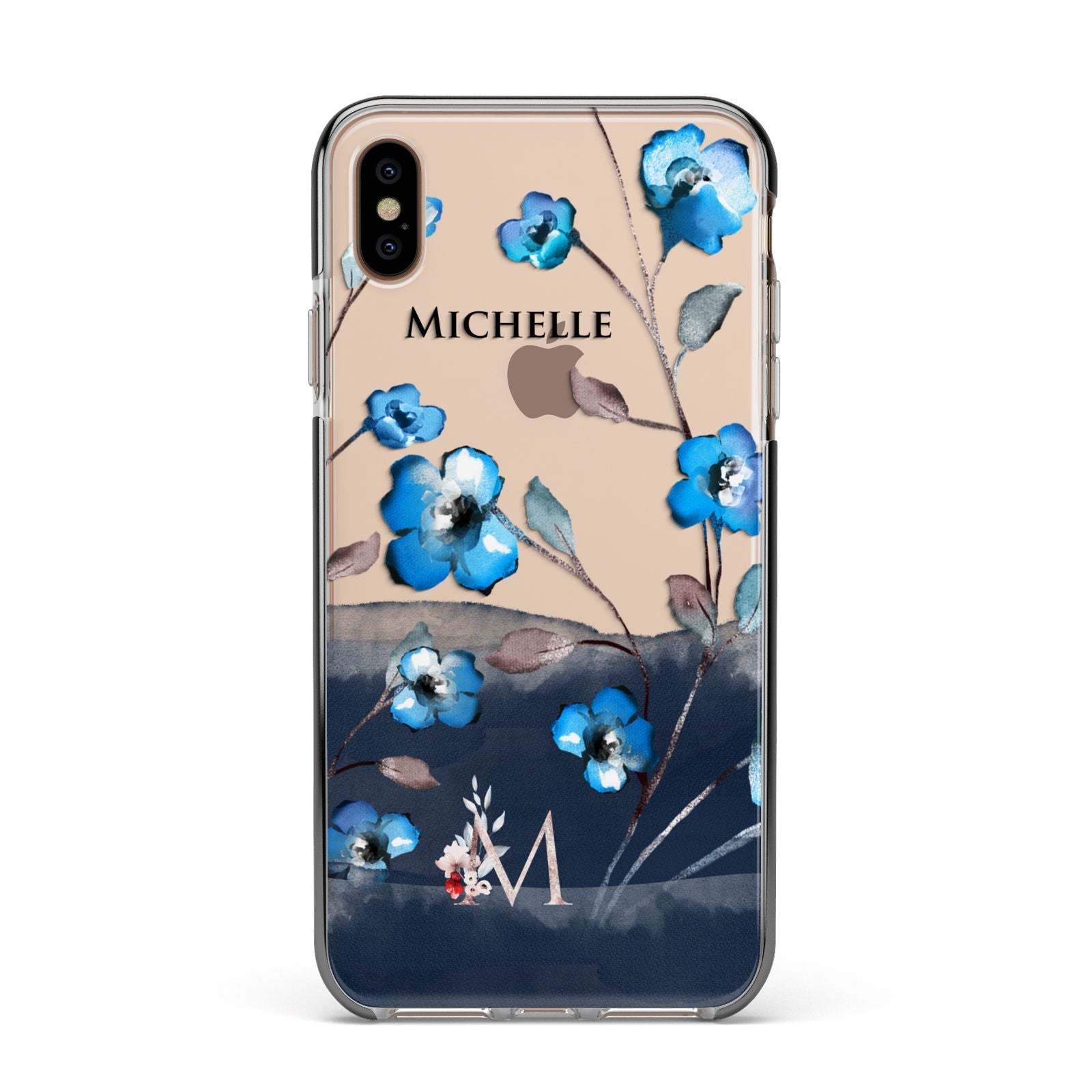 Personalised Blue Watercolour Flowers Apple iPhone Xs Max Impact Case Black Edge on Gold Phone