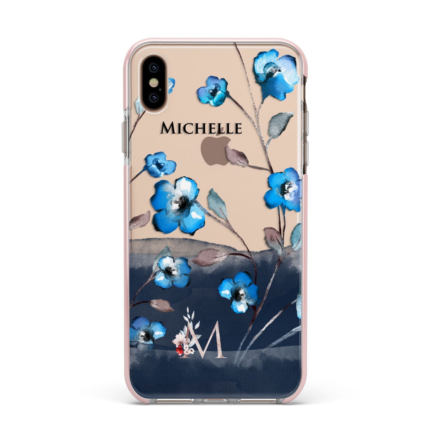 Personalised Blue Watercolour Flowers Apple iPhone Xs Max Impact Case Pink Edge on Gold Phone