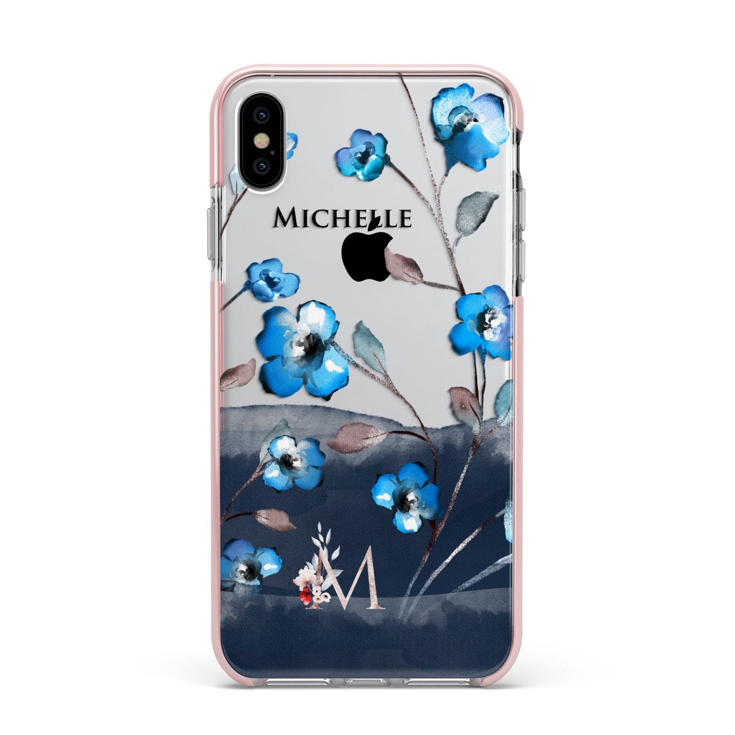 Personalised Blue Watercolour Flowers Apple iPhone Xs Max Impact Case Pink Edge on Silver Phone