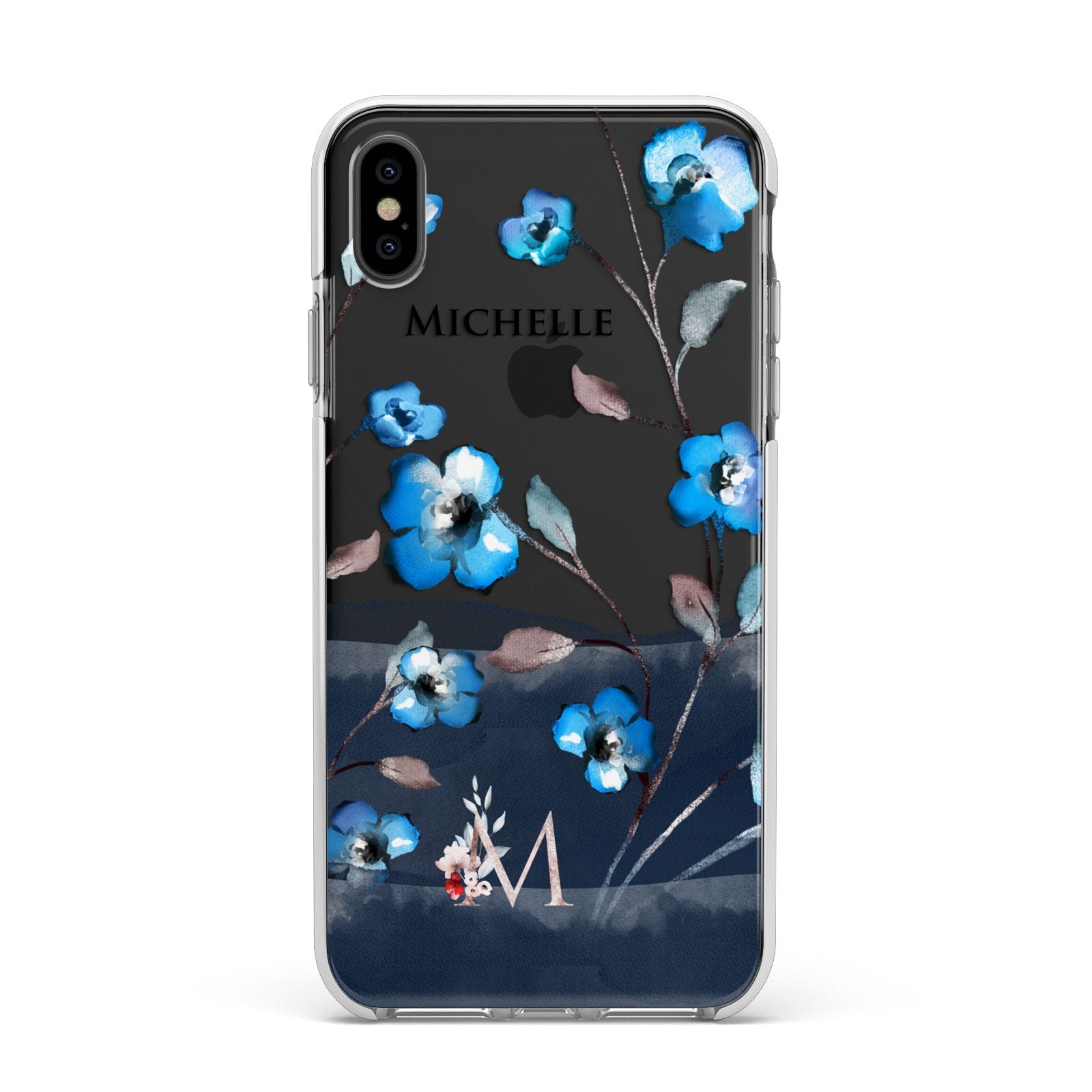 Personalised Blue Watercolour Flowers Apple iPhone Xs Max Impact Case White Edge on Black Phone