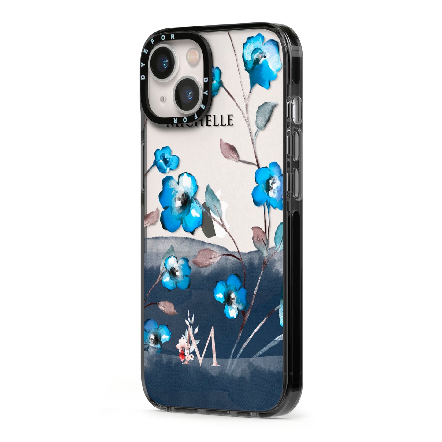 Personalised Blue Watercolour Flowers iPhone 13 Black Impact Case Side Angle on Silver phone