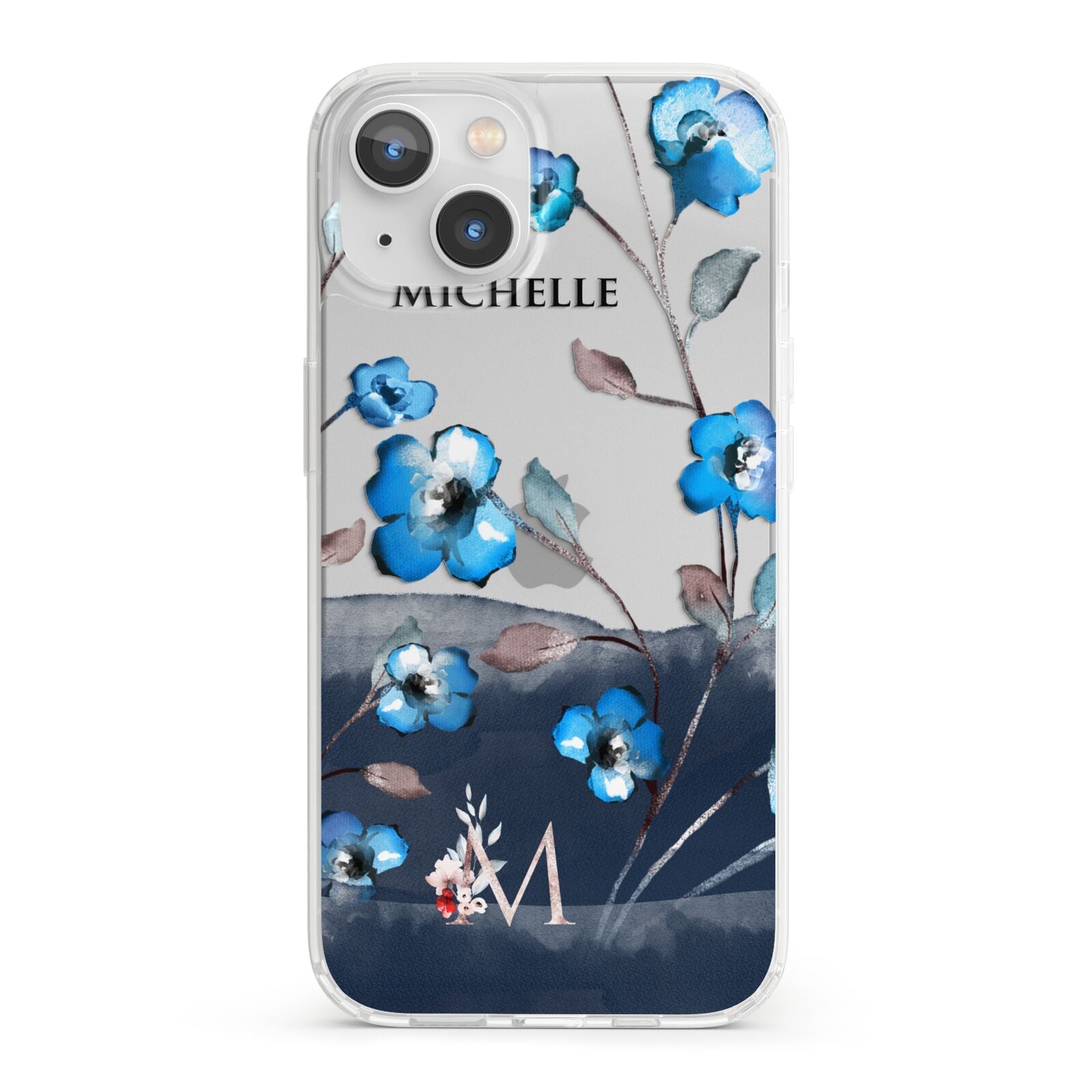Personalised Blue Watercolour Flowers iPhone 13 Clear Bumper Case
