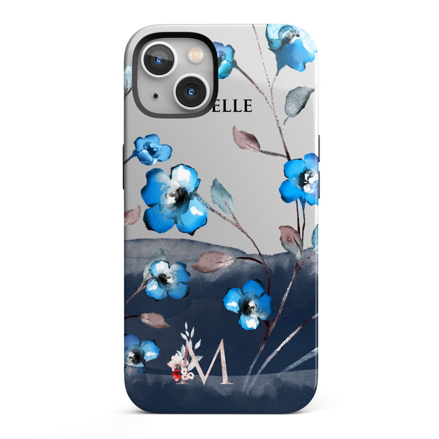 Personalised Blue Watercolour Flowers iPhone 13 Full Wrap 3D Tough Case