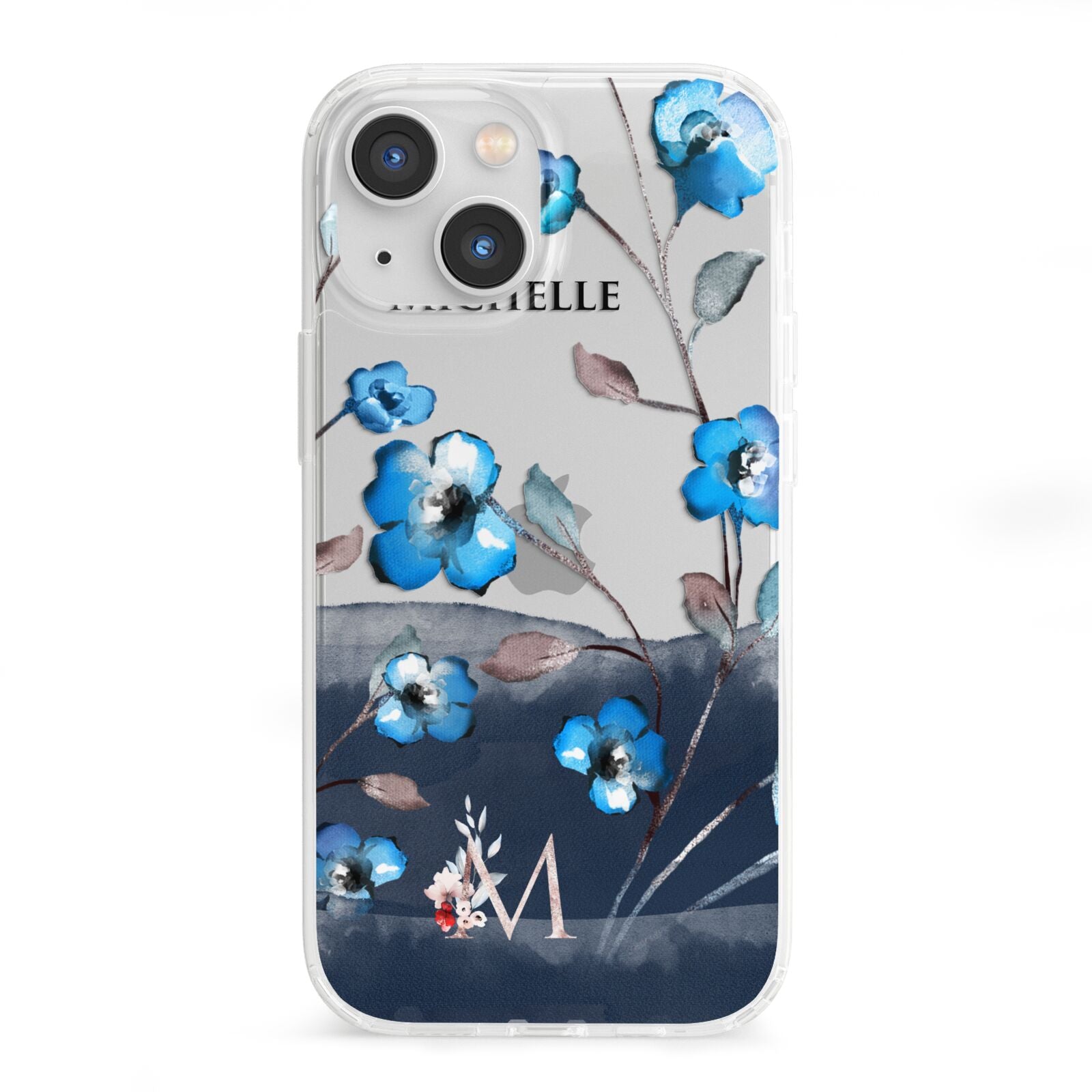 Personalised Blue Watercolour Flowers iPhone 13 Mini Clear Bumper Case