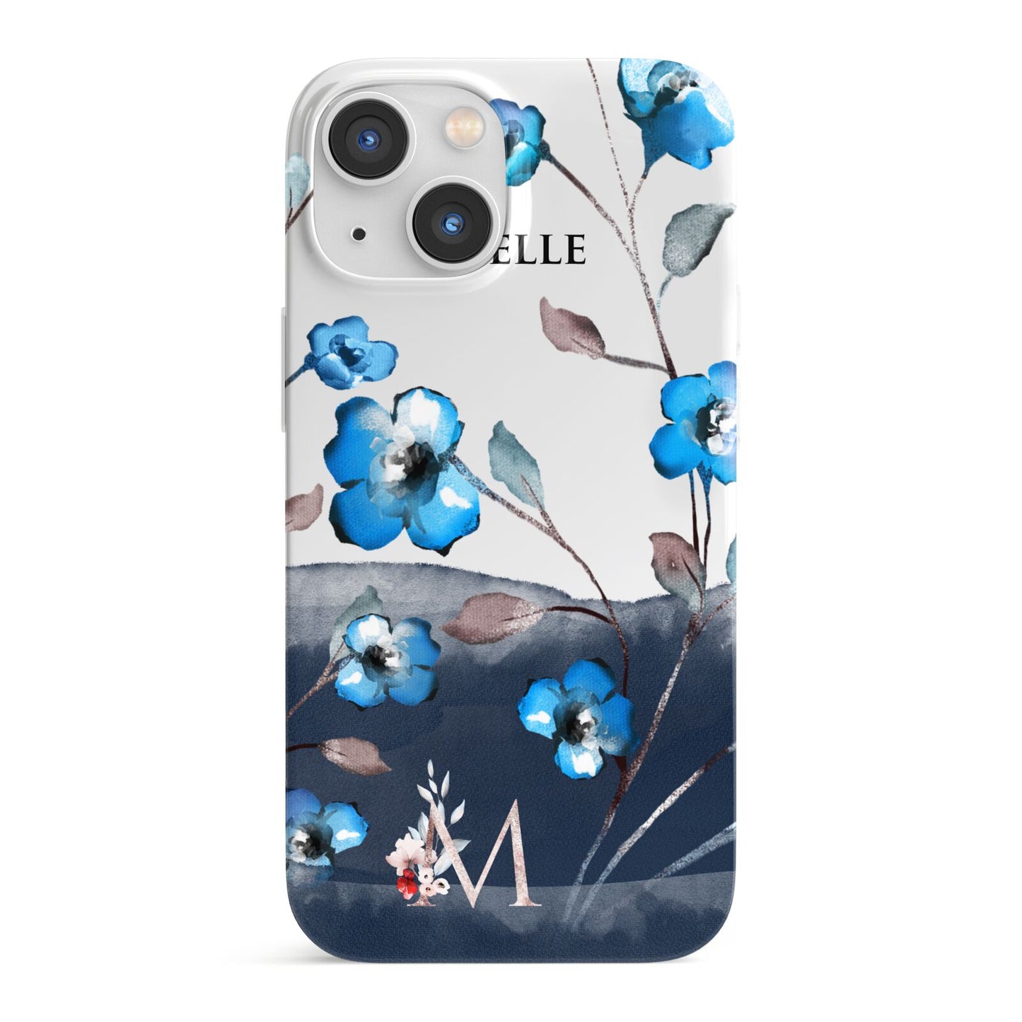 Personalised Blue Watercolour Flowers iPhone 13 Mini Full Wrap 3D Snap Case