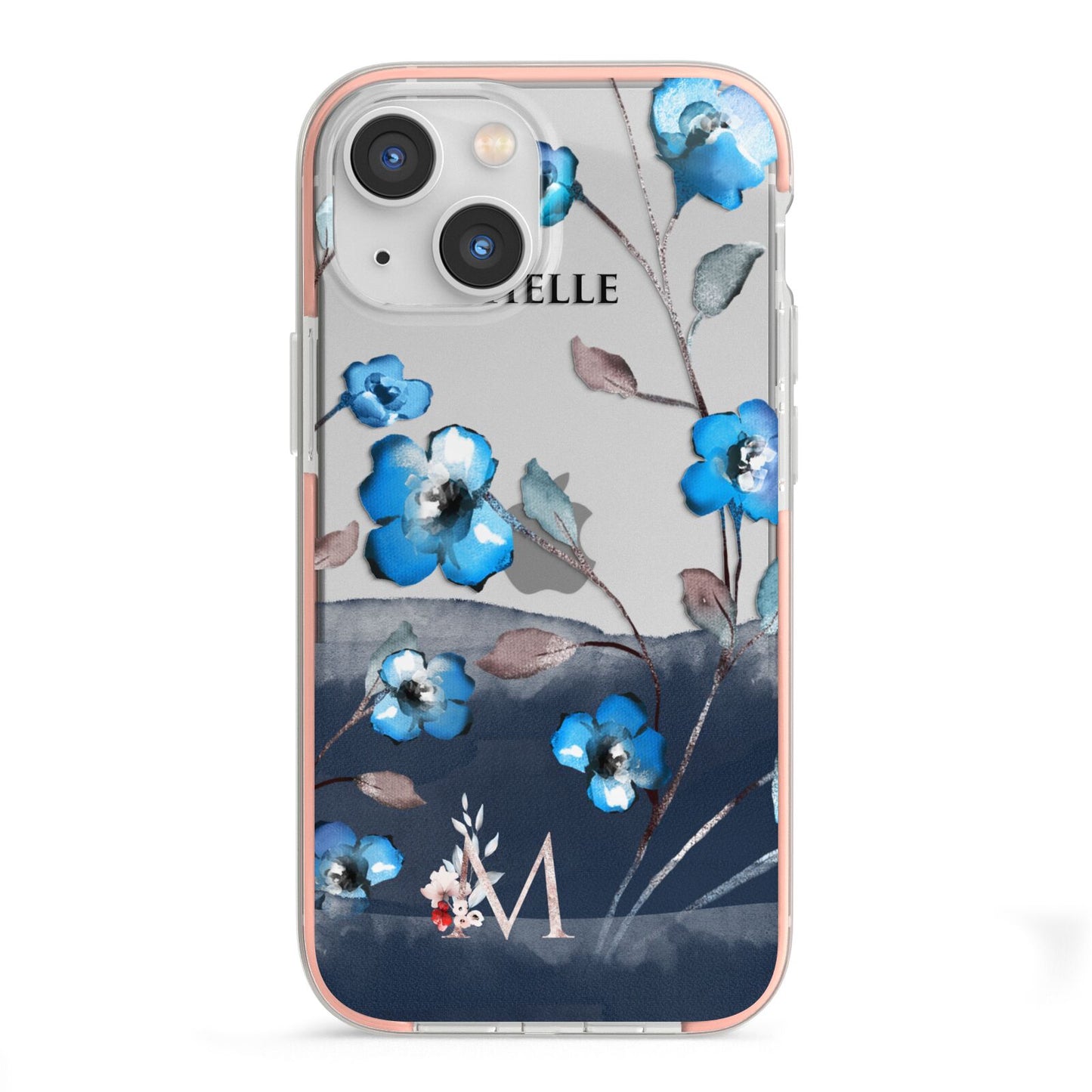 Personalised Blue Watercolour Flowers iPhone 13 Mini TPU Impact Case with Pink Edges