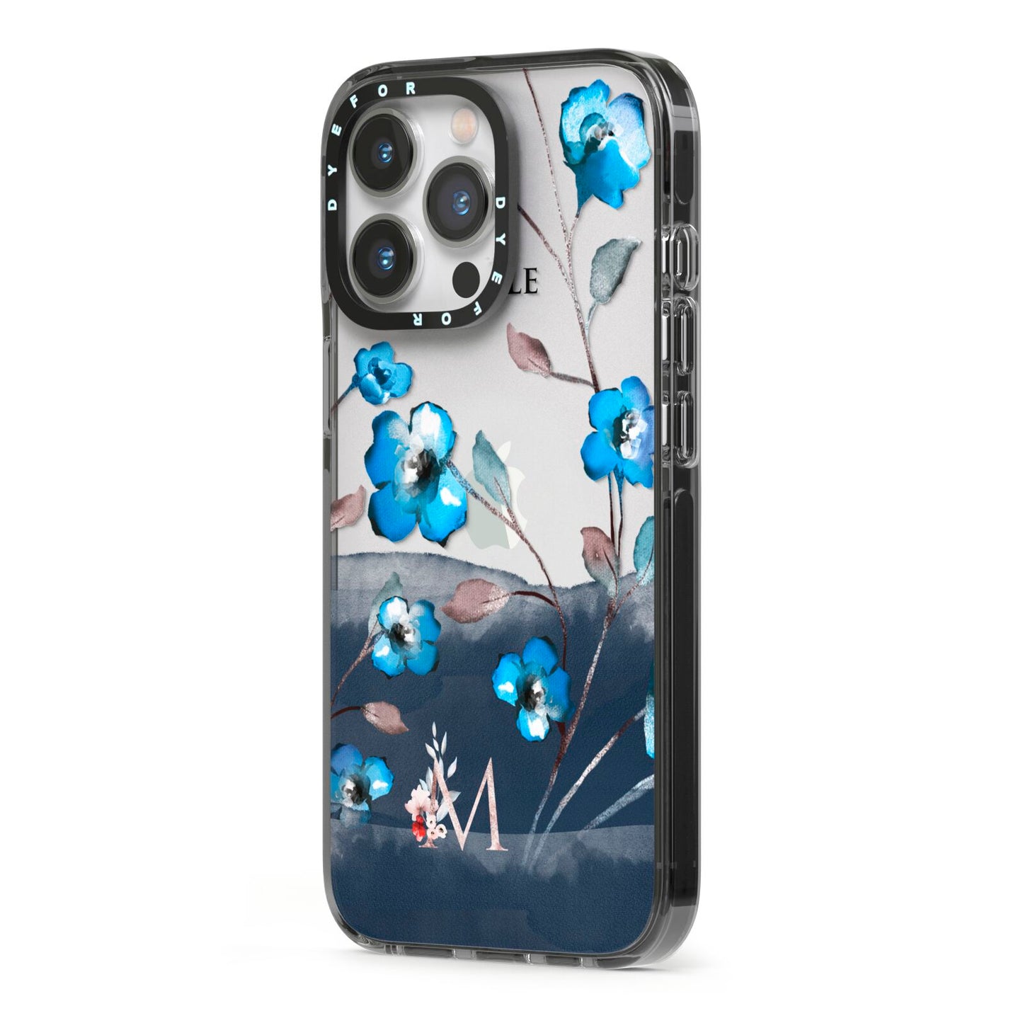 Personalised Blue Watercolour Flowers iPhone 13 Pro Black Impact Case Side Angle on Silver phone