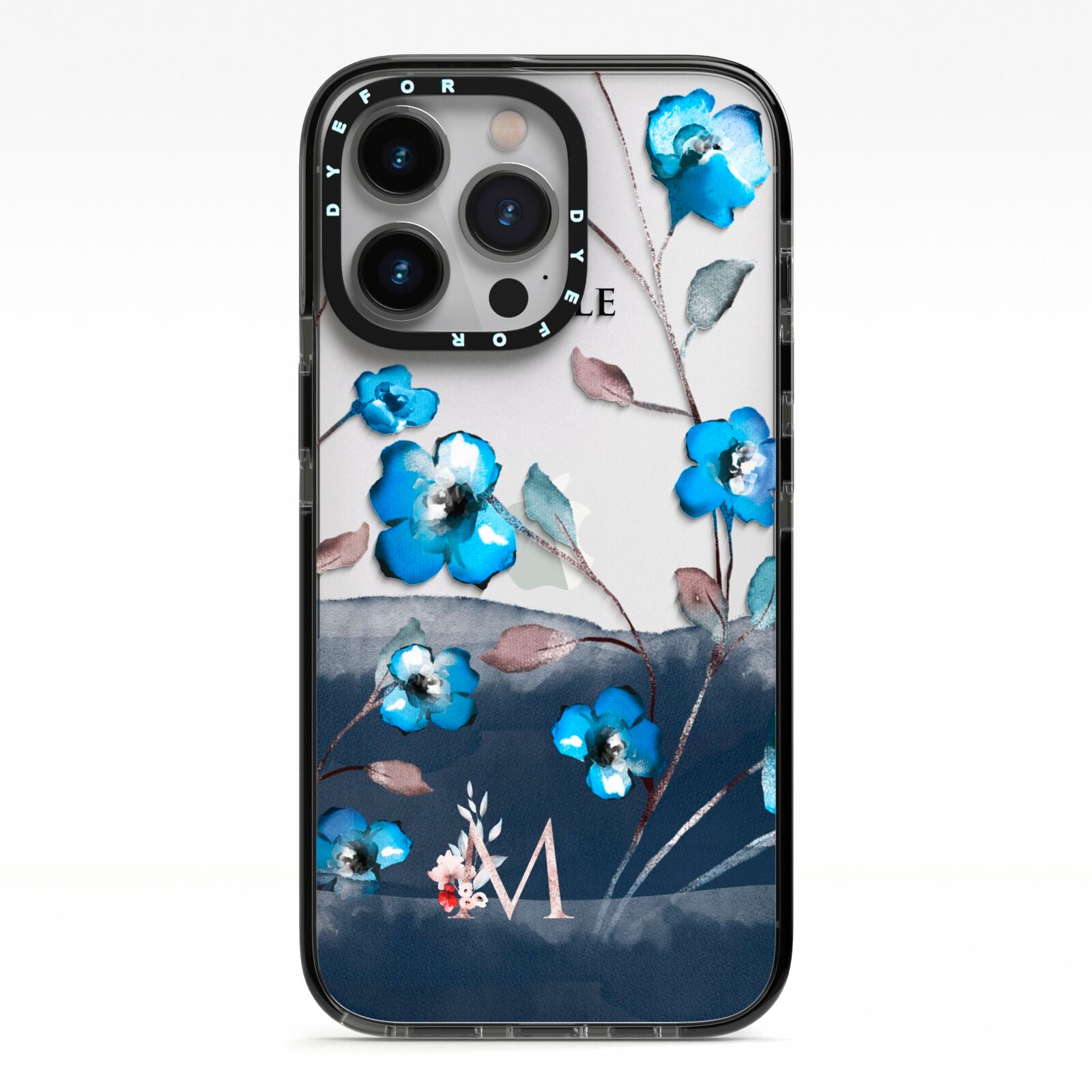 Personalised Blue Watercolour Flowers iPhone 13 Pro Black Impact Case on Silver phone