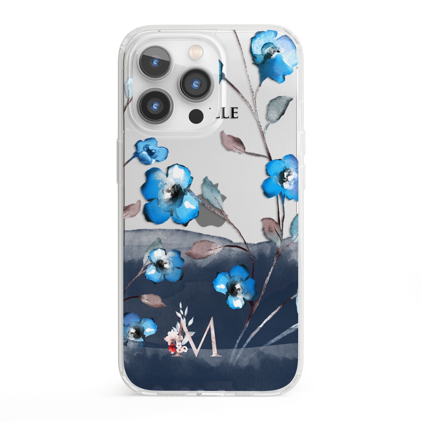 Personalised Blue Watercolour Flowers iPhone 13 Pro Clear Bumper Case