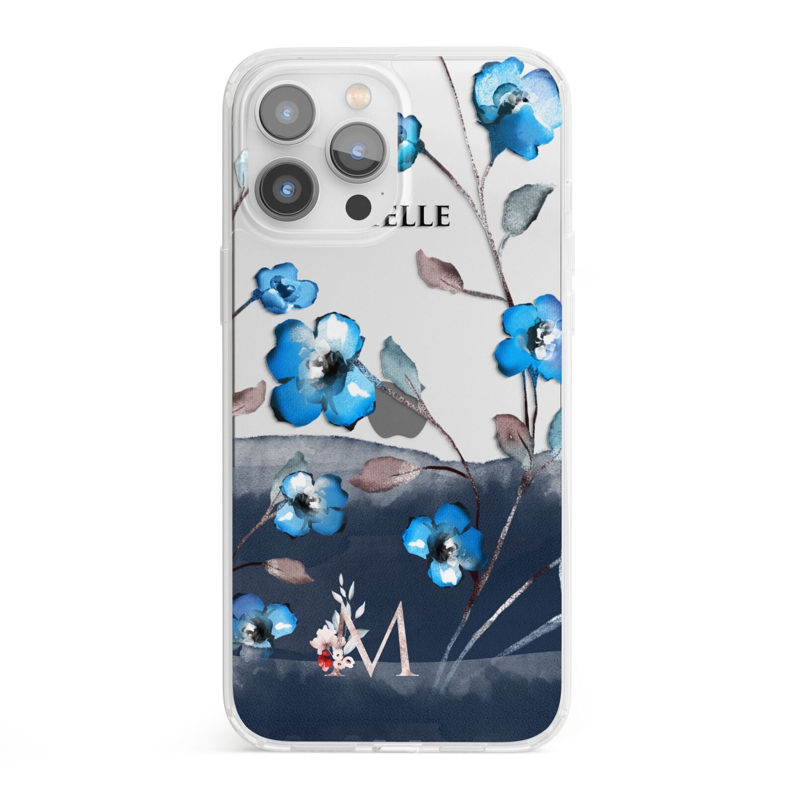 Personalised Blue Watercolour Flowers iPhone 13 Pro Max Clear Bumper Case