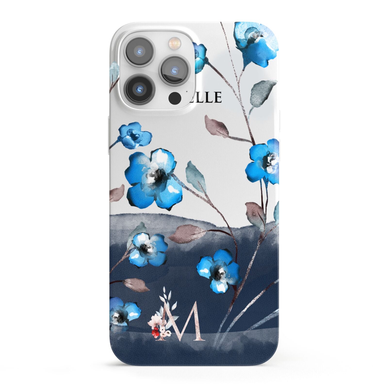 Personalised Blue Watercolour Flowers iPhone 13 Pro Max Full Wrap 3D Snap Case
