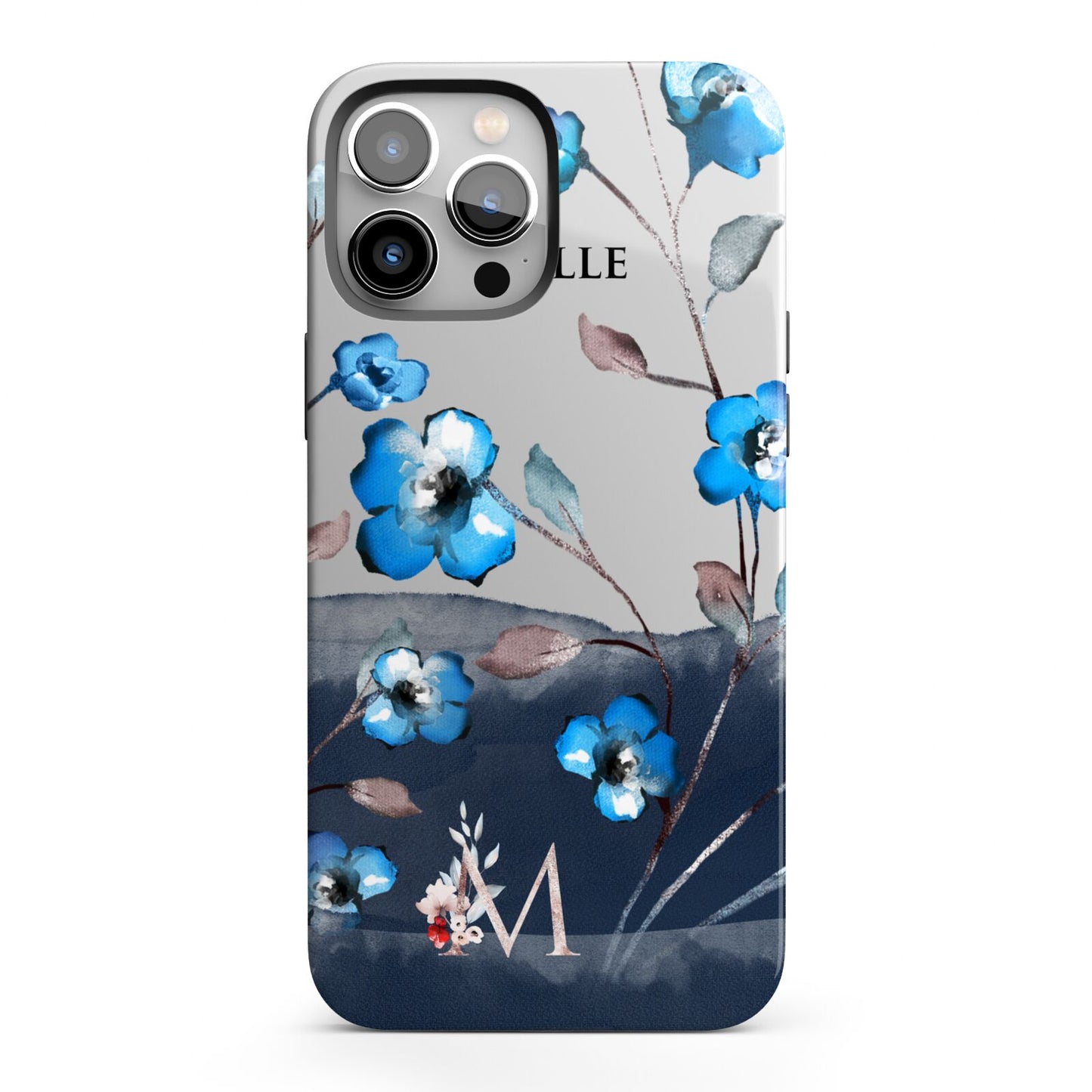 Personalised Blue Watercolour Flowers iPhone 13 Pro Max Full Wrap 3D Tough Case