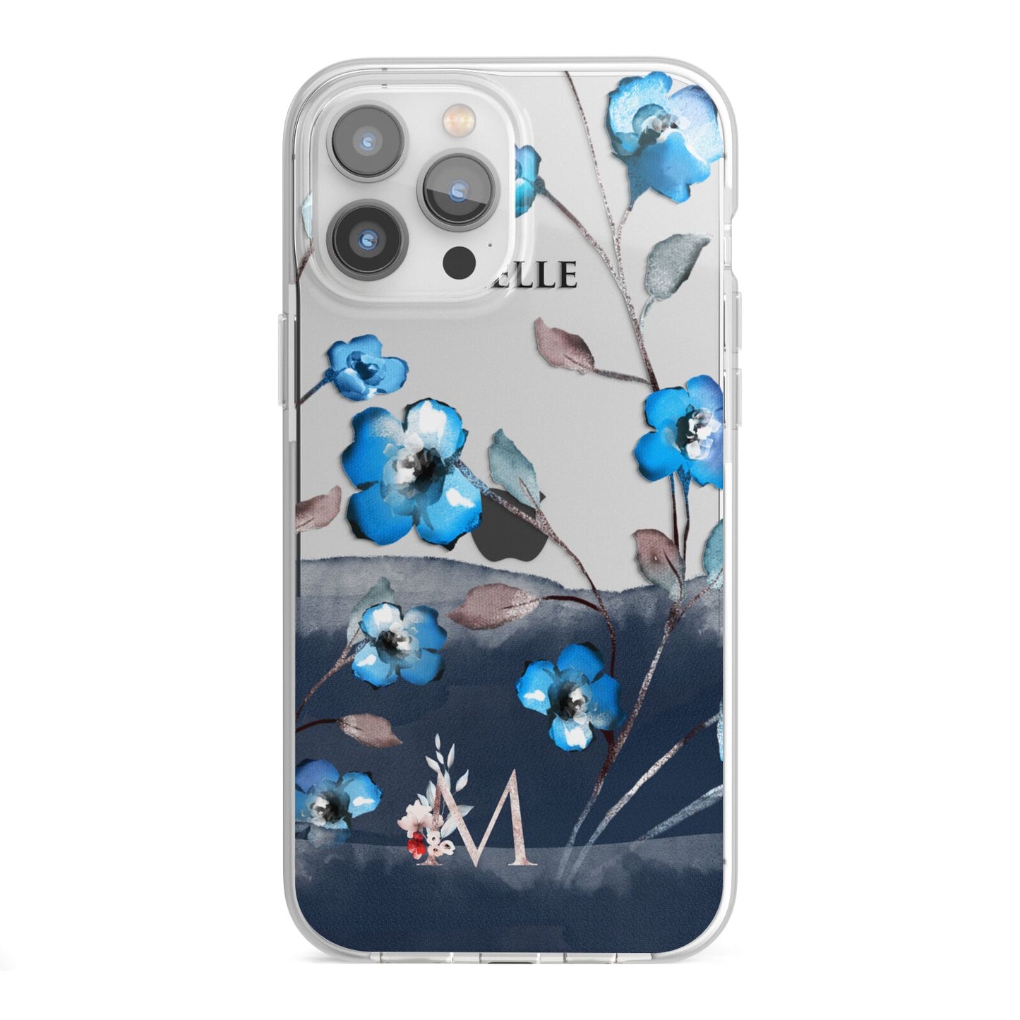 Personalised Blue Watercolour Flowers iPhone 13 Pro Max TPU Impact Case with White Edges