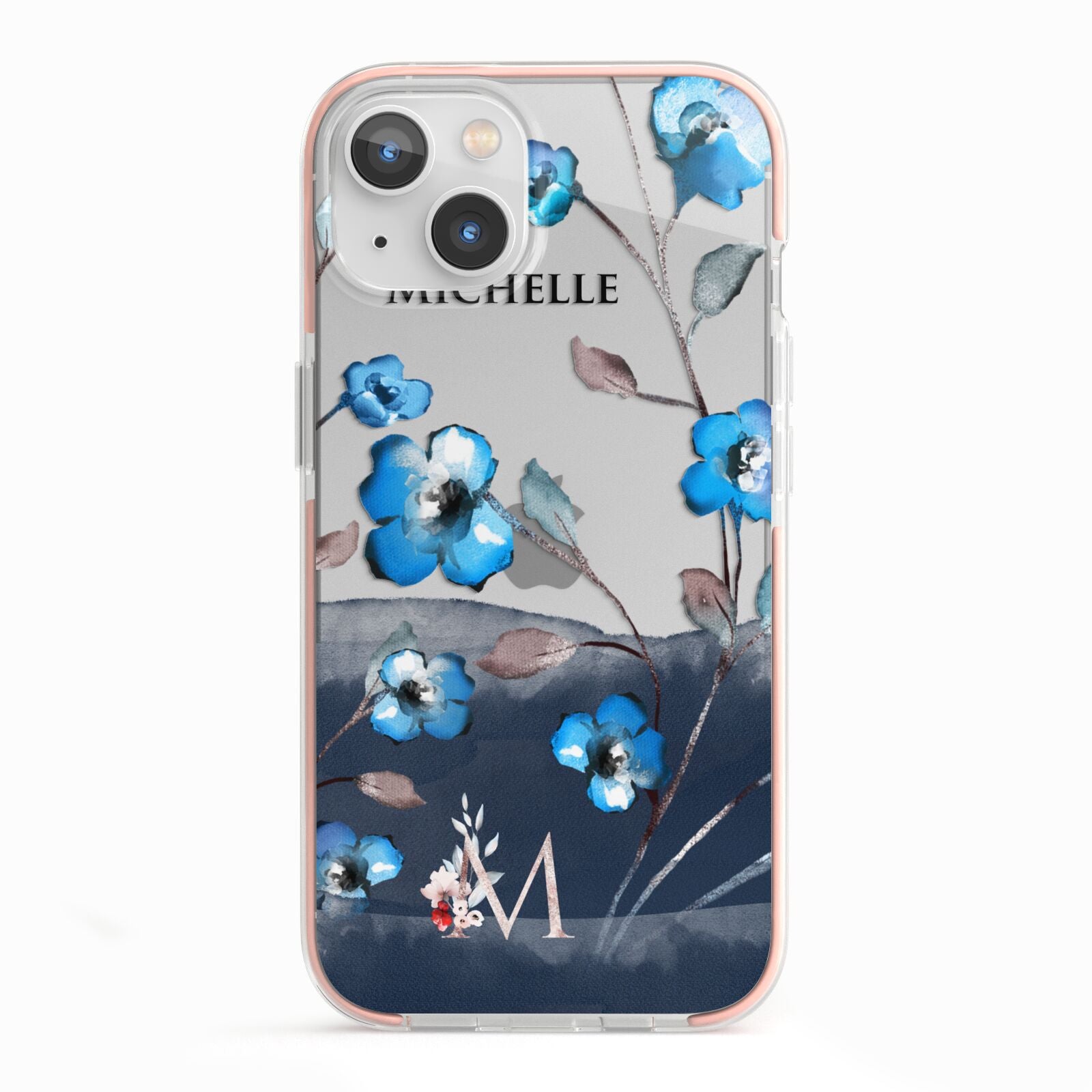 Personalised Blue Watercolour Flowers iPhone 13 TPU Impact Case with Pink Edges