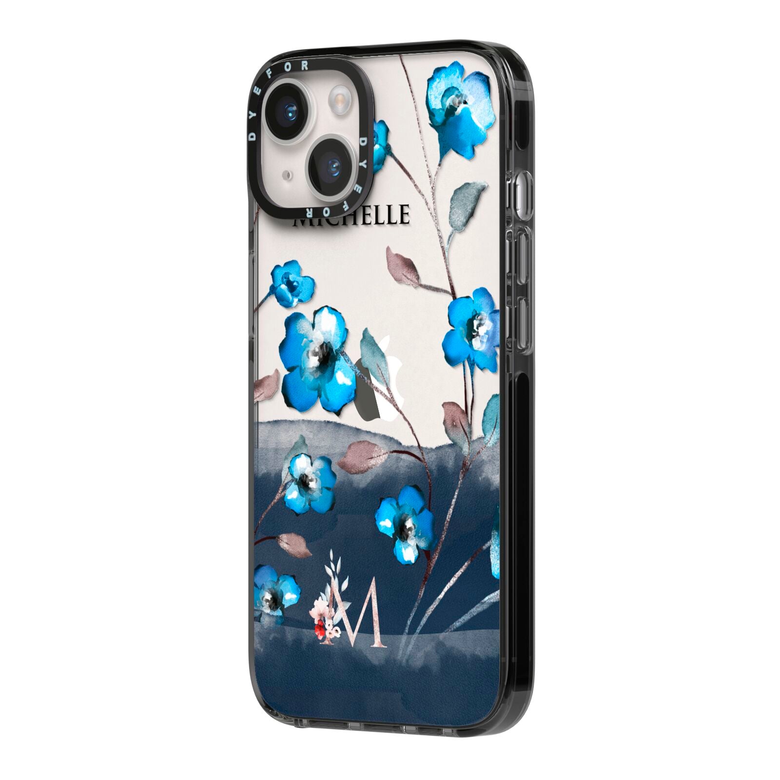 Personalised Blue Watercolour Flowers iPhone 14 Black Impact Case Side Angle on Silver phone