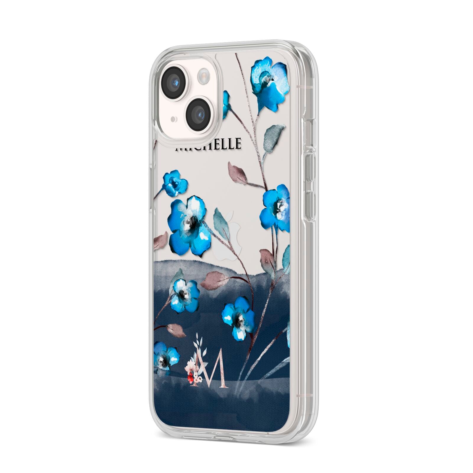 Personalised Blue Watercolour Flowers iPhone 14 Clear Tough Case Starlight Angled Image