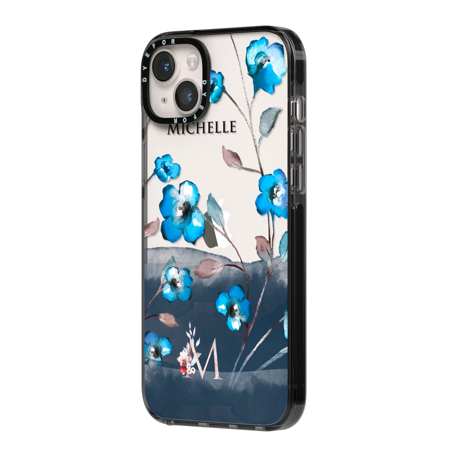 Personalised Blue Watercolour Flowers iPhone 14 Plus Black Impact Case Side Angle on Silver phone