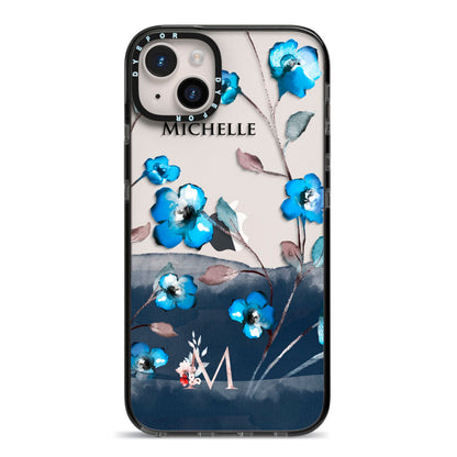 Personalised Blue Watercolour Flowers iPhone 14 Plus Black Impact Case on Silver phone