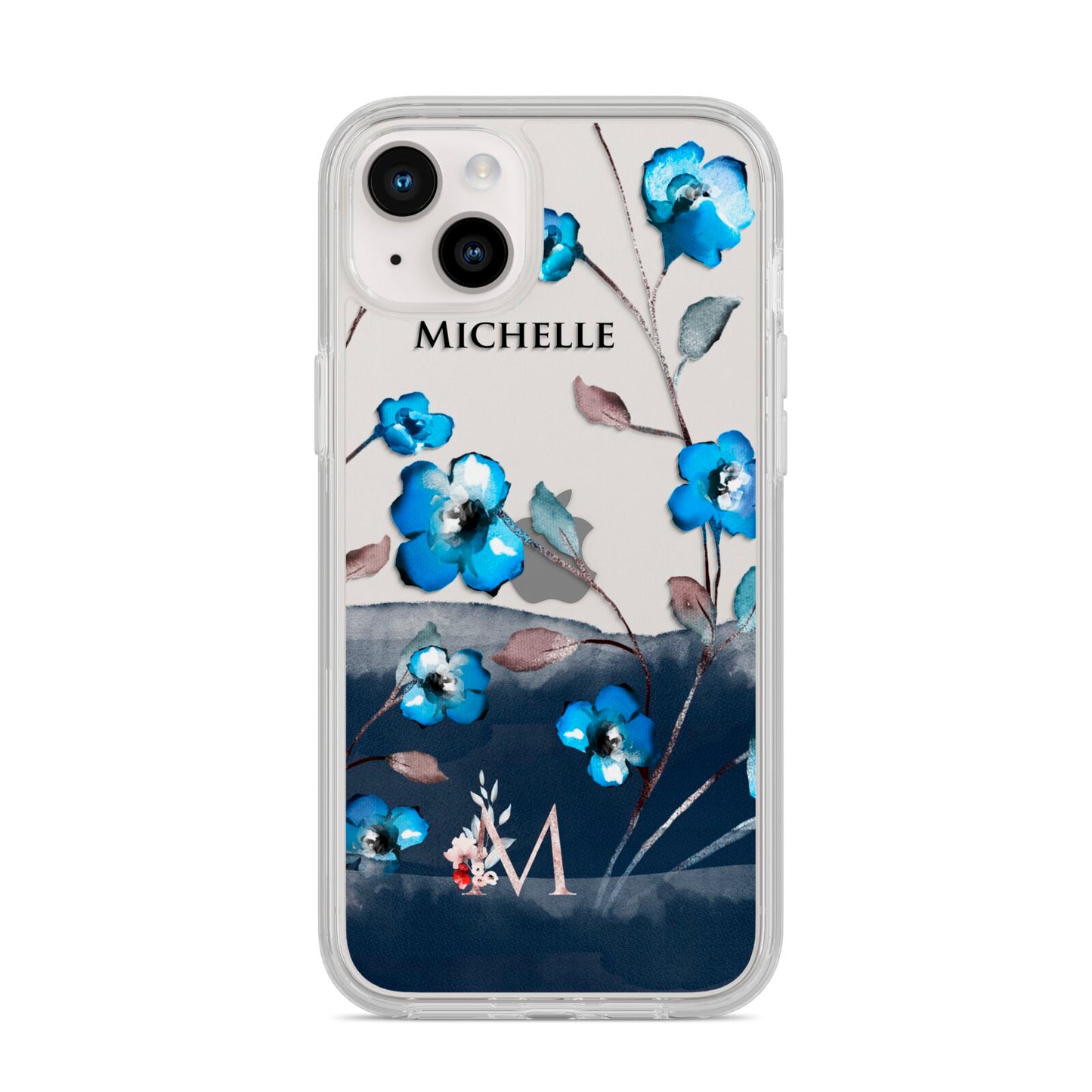 Personalised Blue Watercolour Flowers iPhone 14 Plus Clear Tough Case Starlight