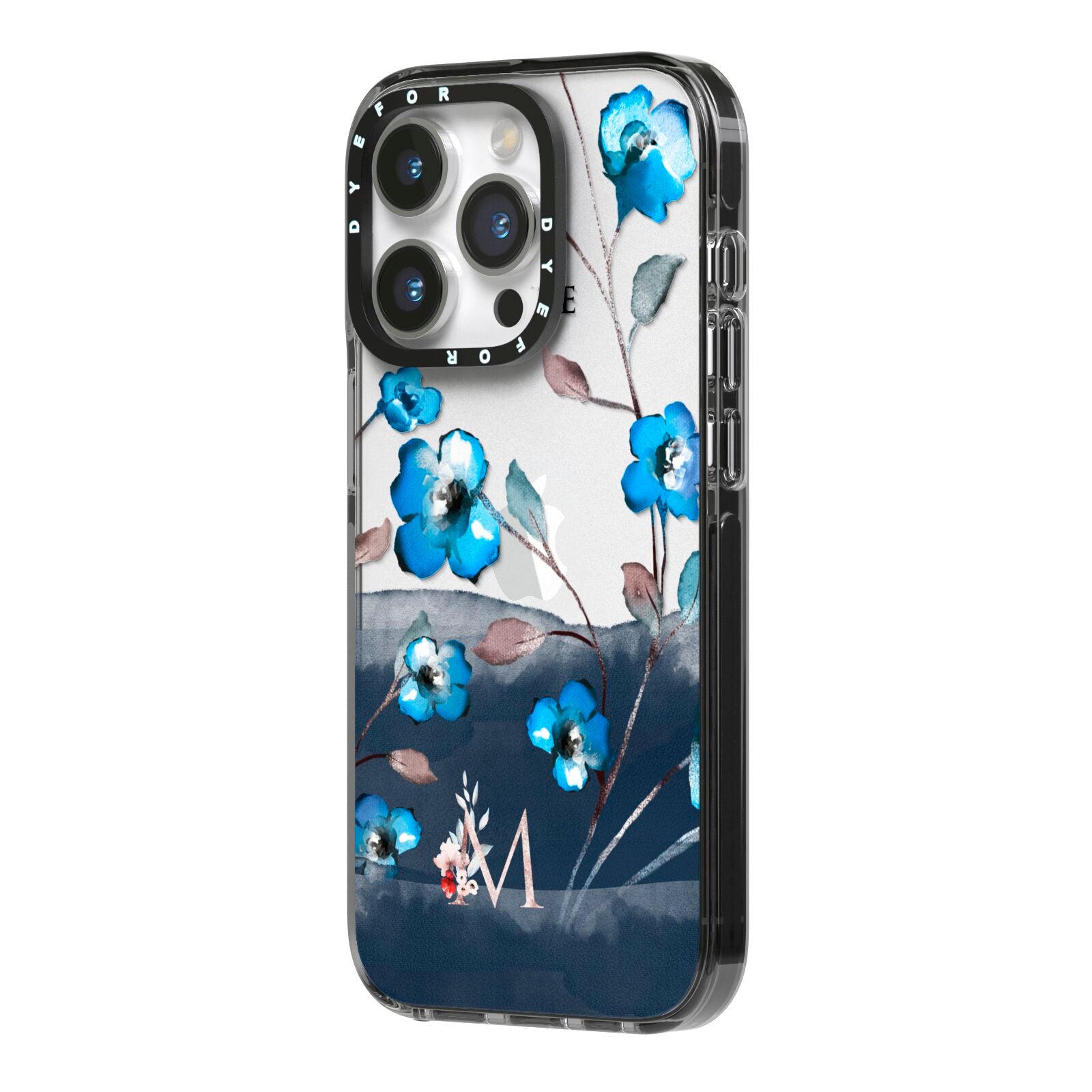 Personalised Blue Watercolour Flowers iPhone 14 Pro Black Impact Case Side Angle on Silver phone