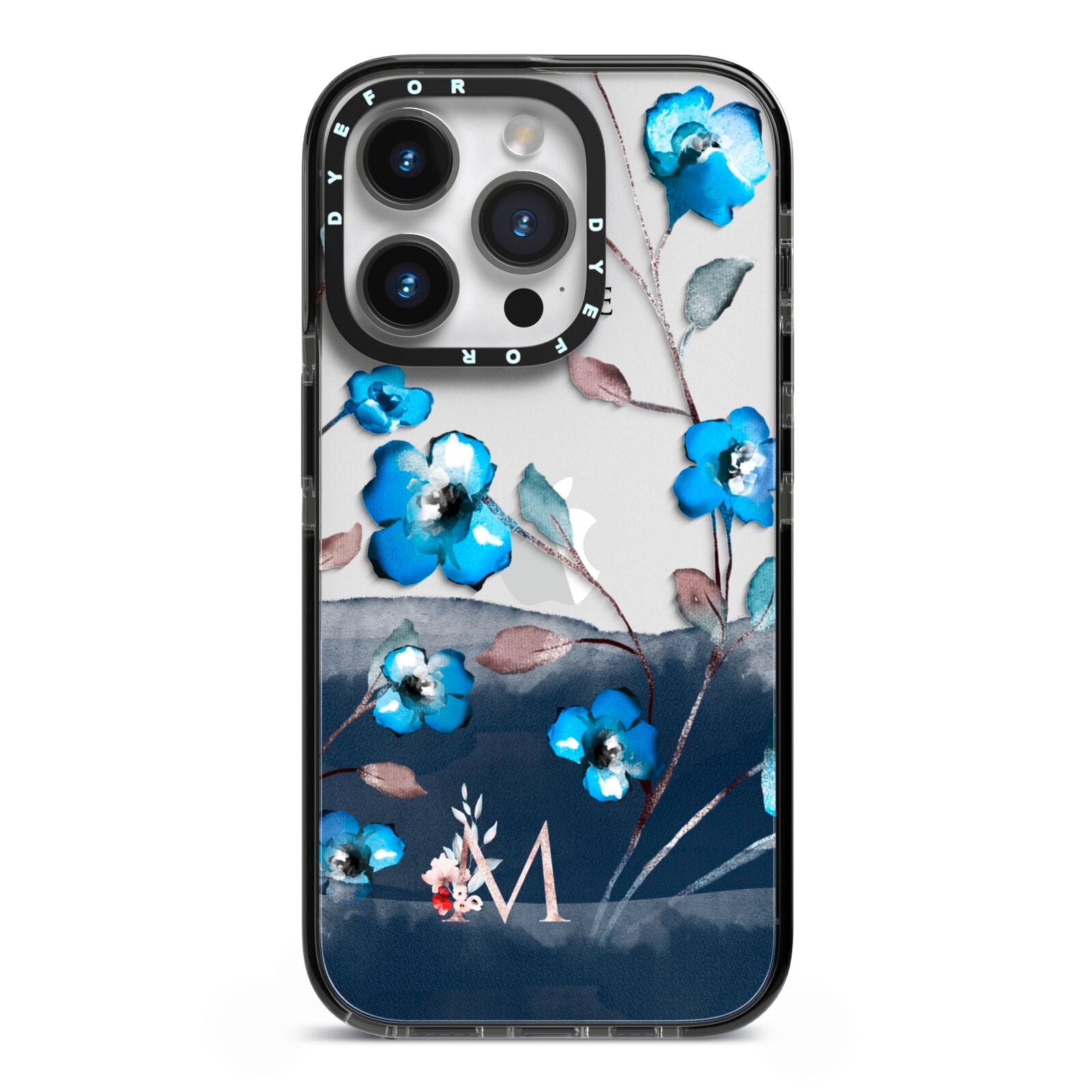 Personalised Blue Watercolour Flowers iPhone 14 Pro Black Impact Case on Silver phone