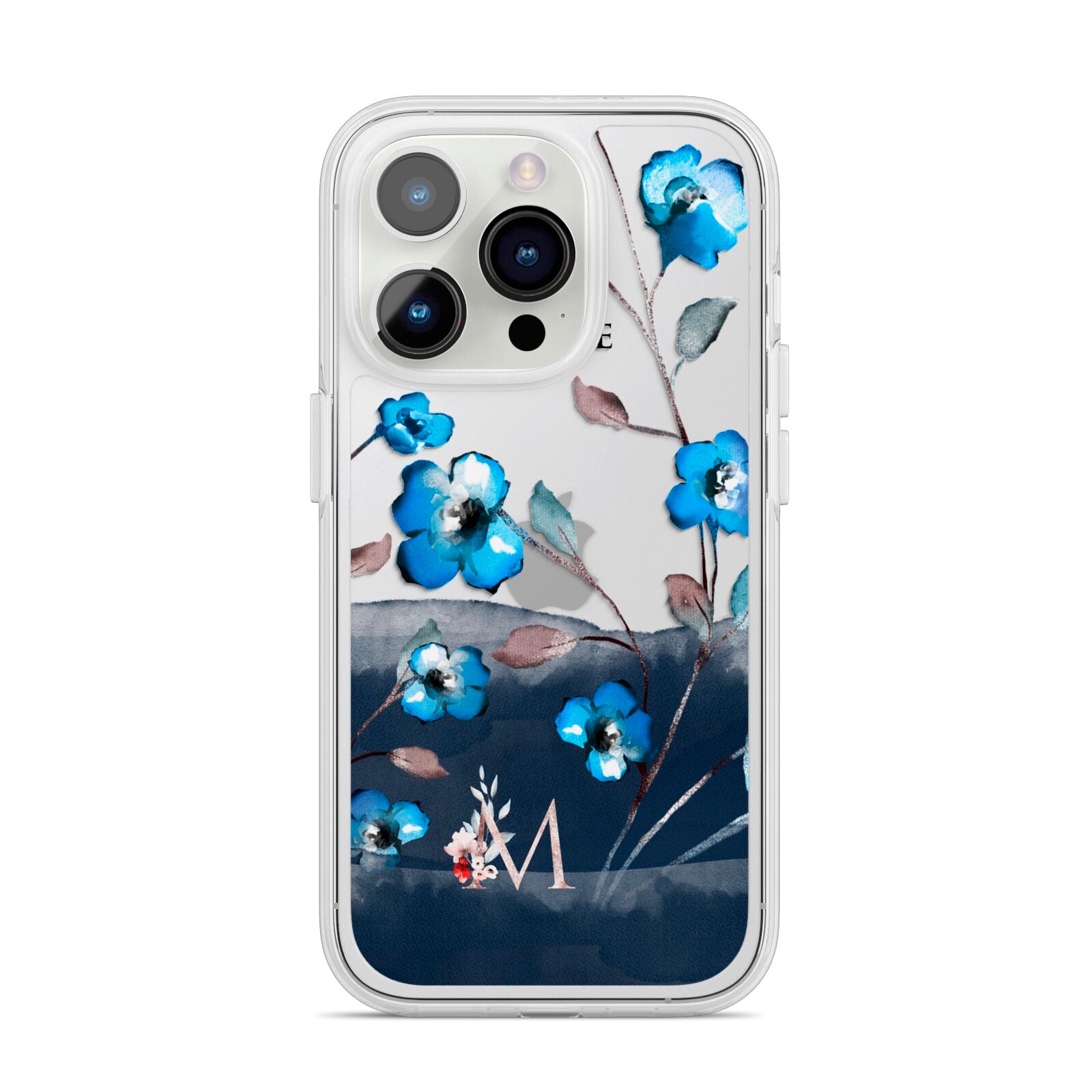 Personalised Blue Watercolour Flowers iPhone 14 Pro Clear Tough Case Silver