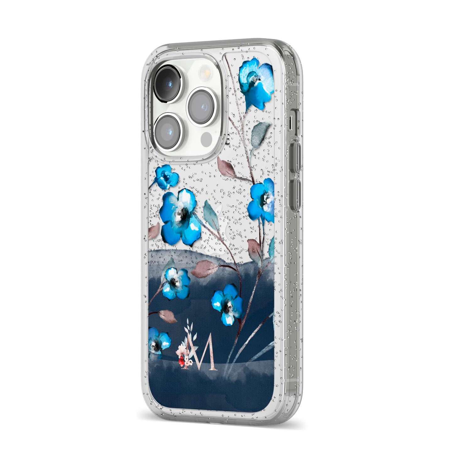 Personalised Blue Watercolour Flowers iPhone 14 Pro Glitter Tough Case Silver Angled Image
