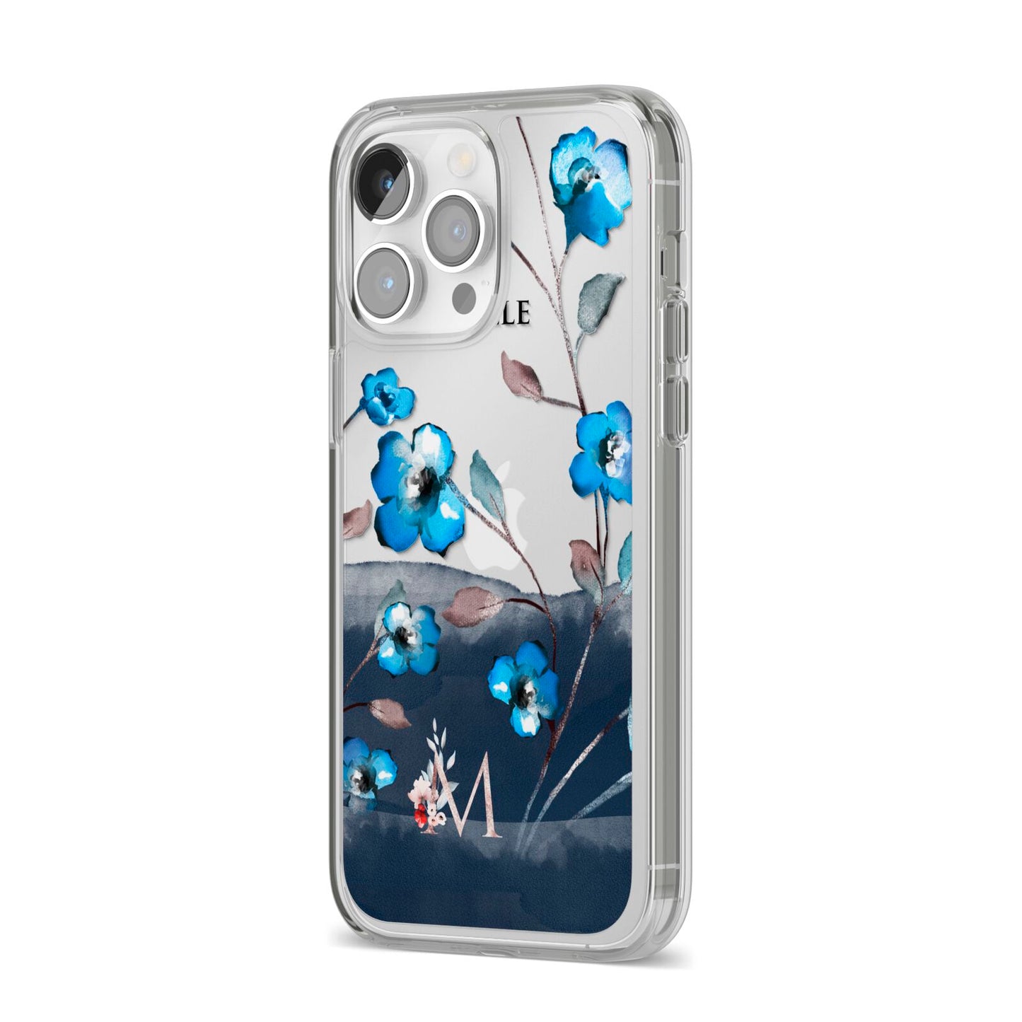 Personalised Blue Watercolour Flowers iPhone 14 Pro Max Clear Tough Case Silver Angled Image