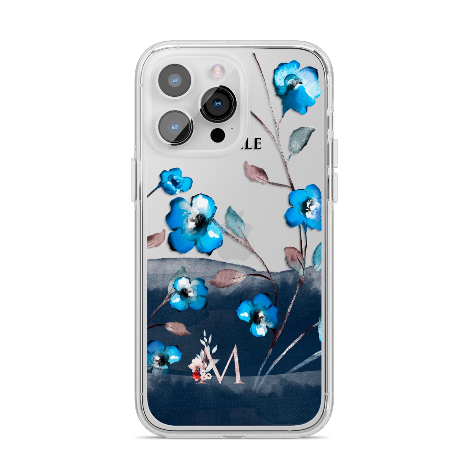 Personalised Blue Watercolour Flowers iPhone 14 Pro Max Clear Tough Case Silver