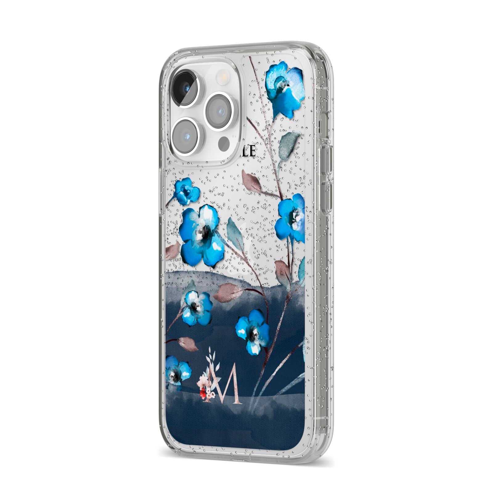 Personalised Blue Watercolour Flowers iPhone 14 Pro Max Glitter Tough Case Silver Angled Image