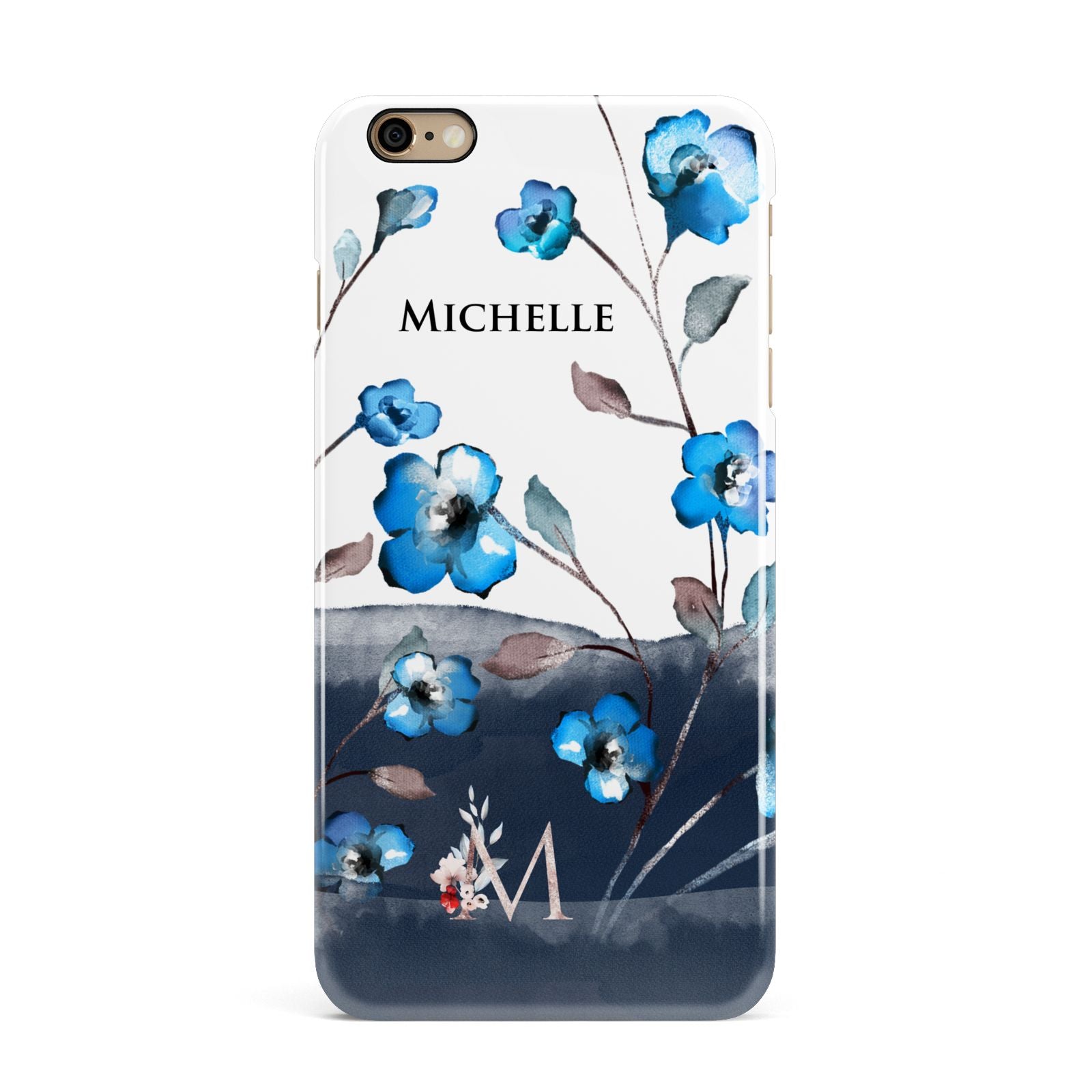 Personalised Blue Watercolour Flowers iPhone 6 Plus 3D Snap Case on Gold Phone