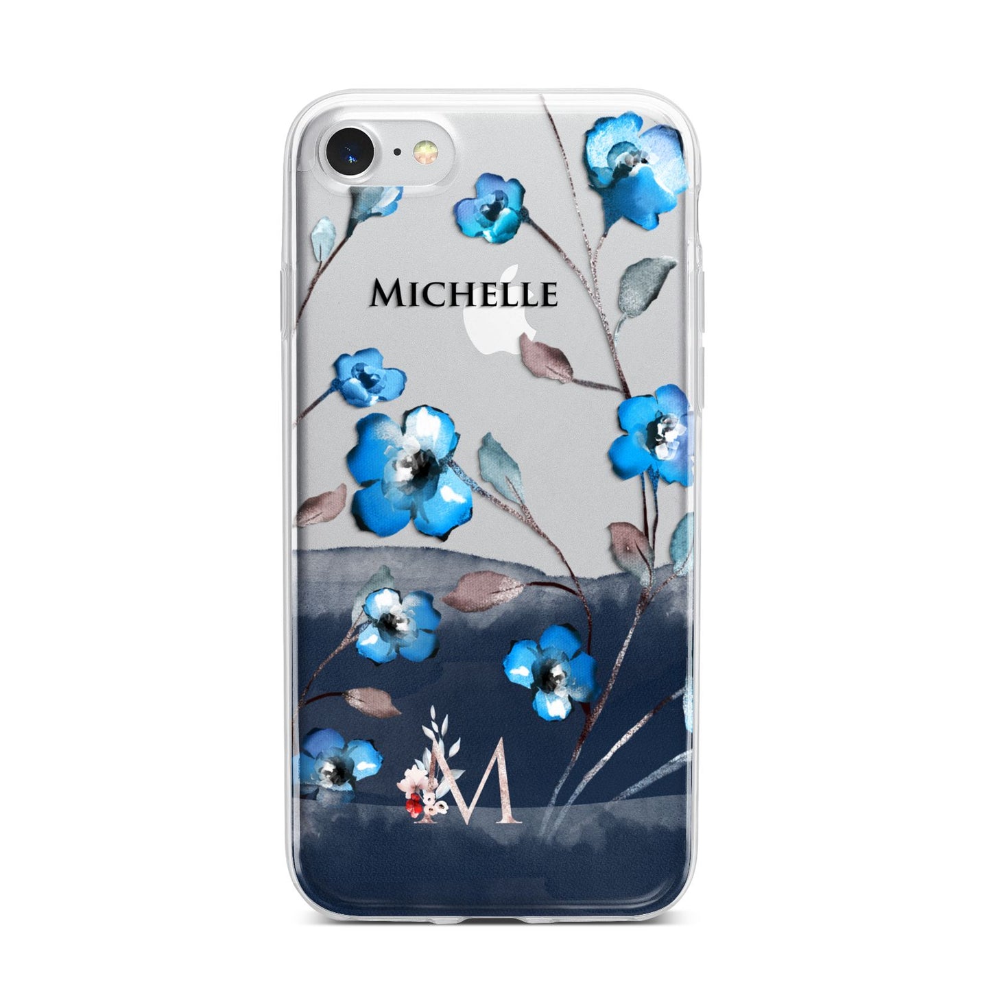 Personalised Blue Watercolour Flowers iPhone 7 Bumper Case on Silver iPhone
