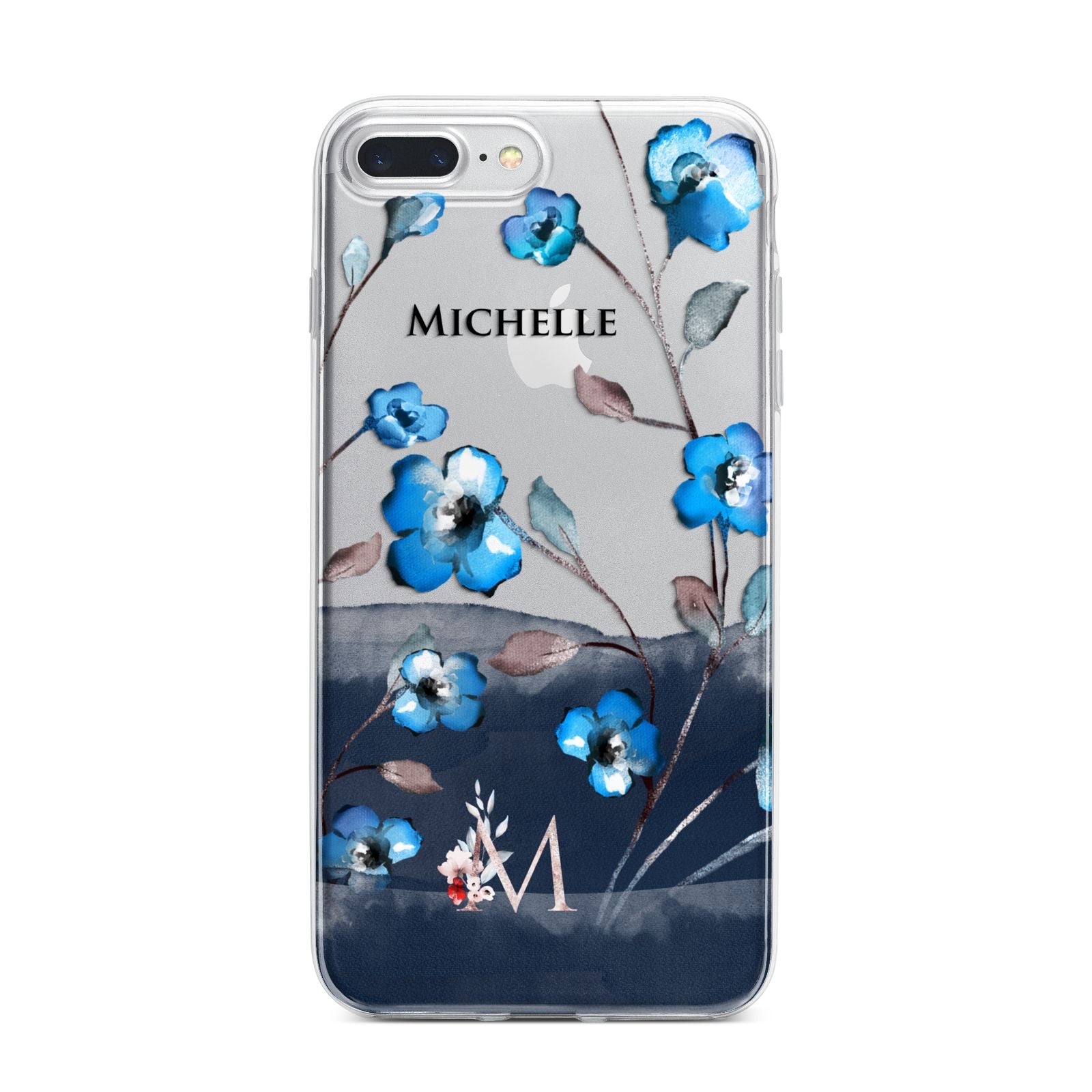 Personalised Blue Watercolour Flowers iPhone 7 Plus Bumper Case on Silver iPhone
