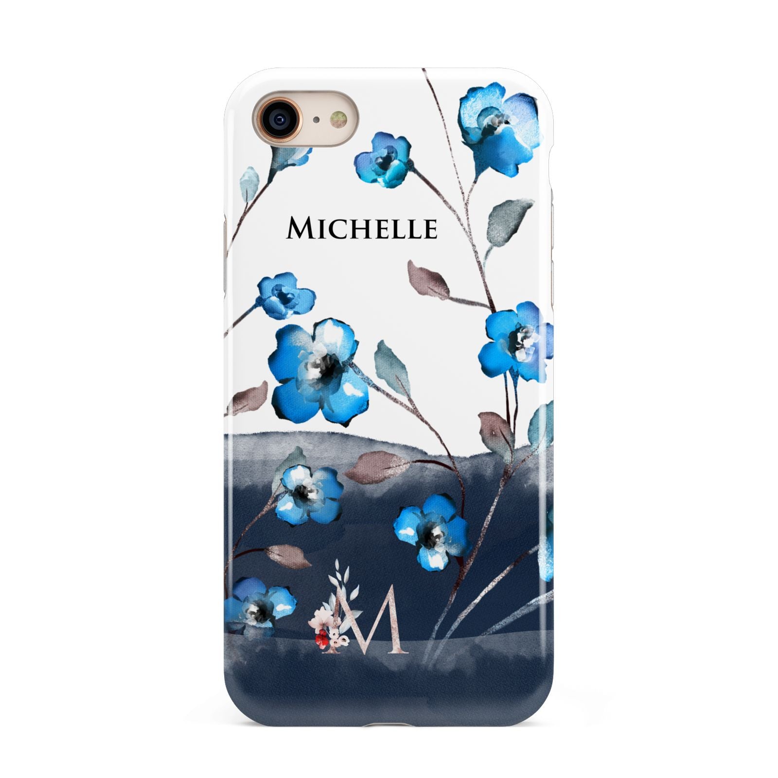 Personalised Blue Watercolour Flowers iPhone 8 3D Tough Case on Gold Phone