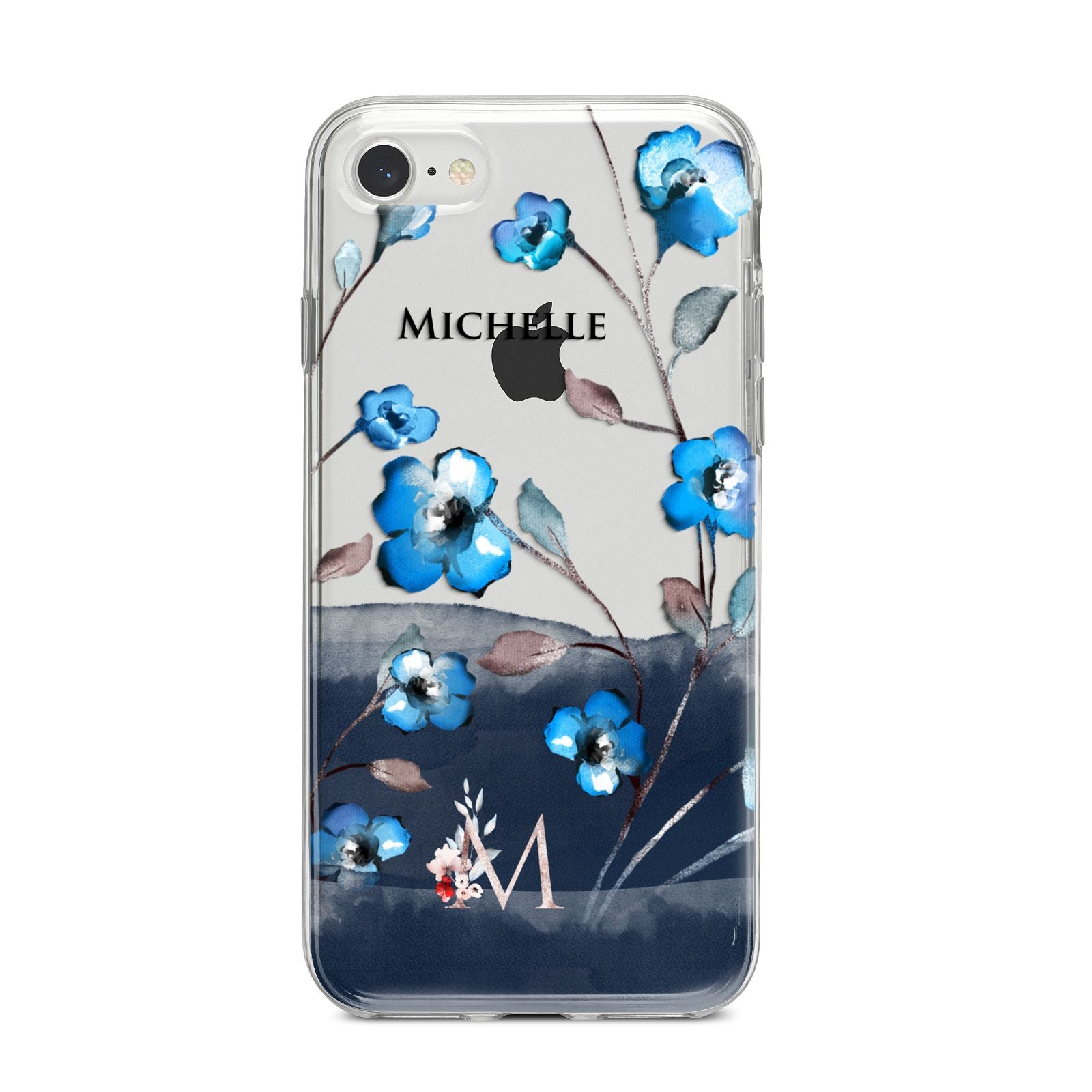 Personalised Blue Watercolour Flowers iPhone 8 Bumper Case on Silver iPhone