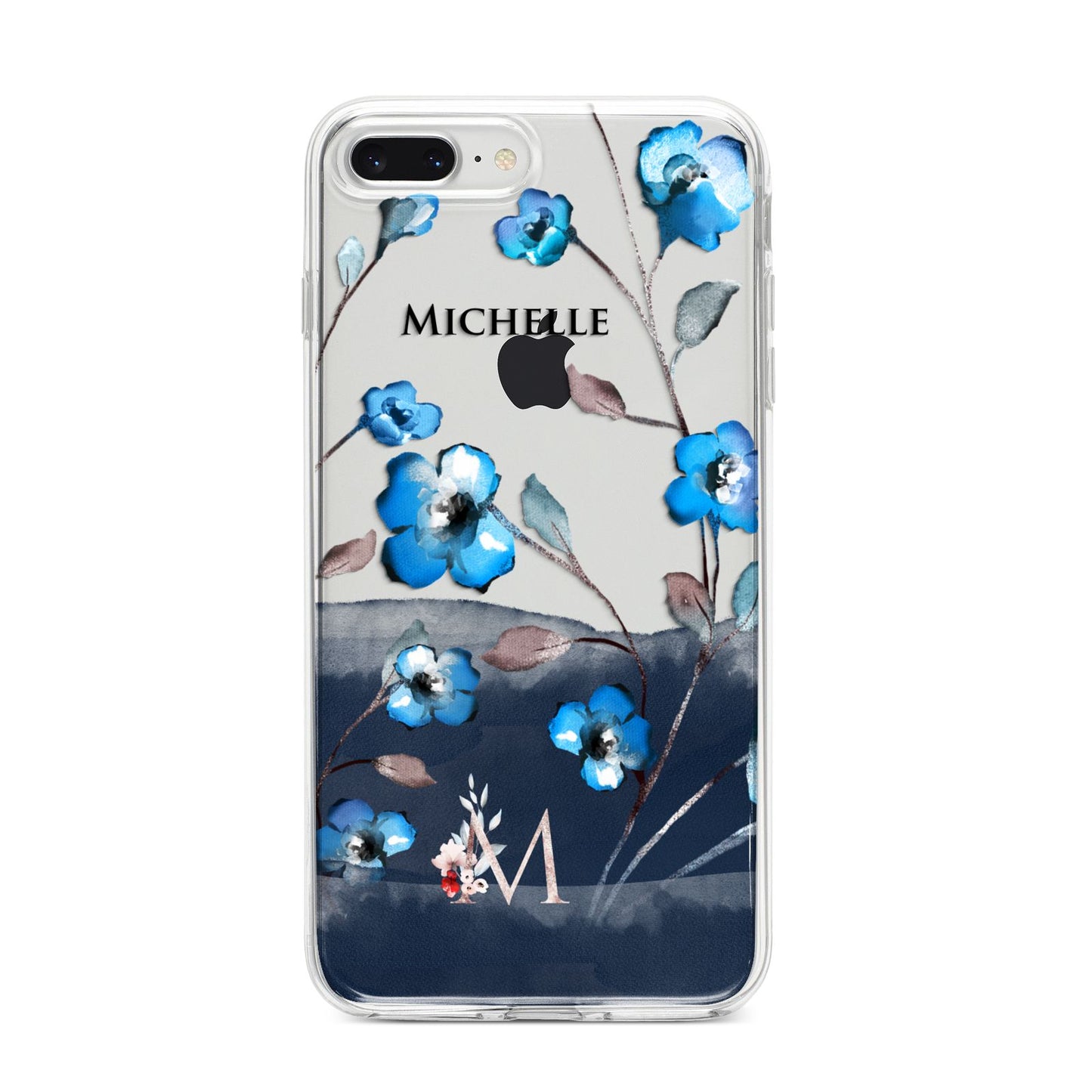 Personalised Blue Watercolour Flowers iPhone 8 Plus Bumper Case on Silver iPhone