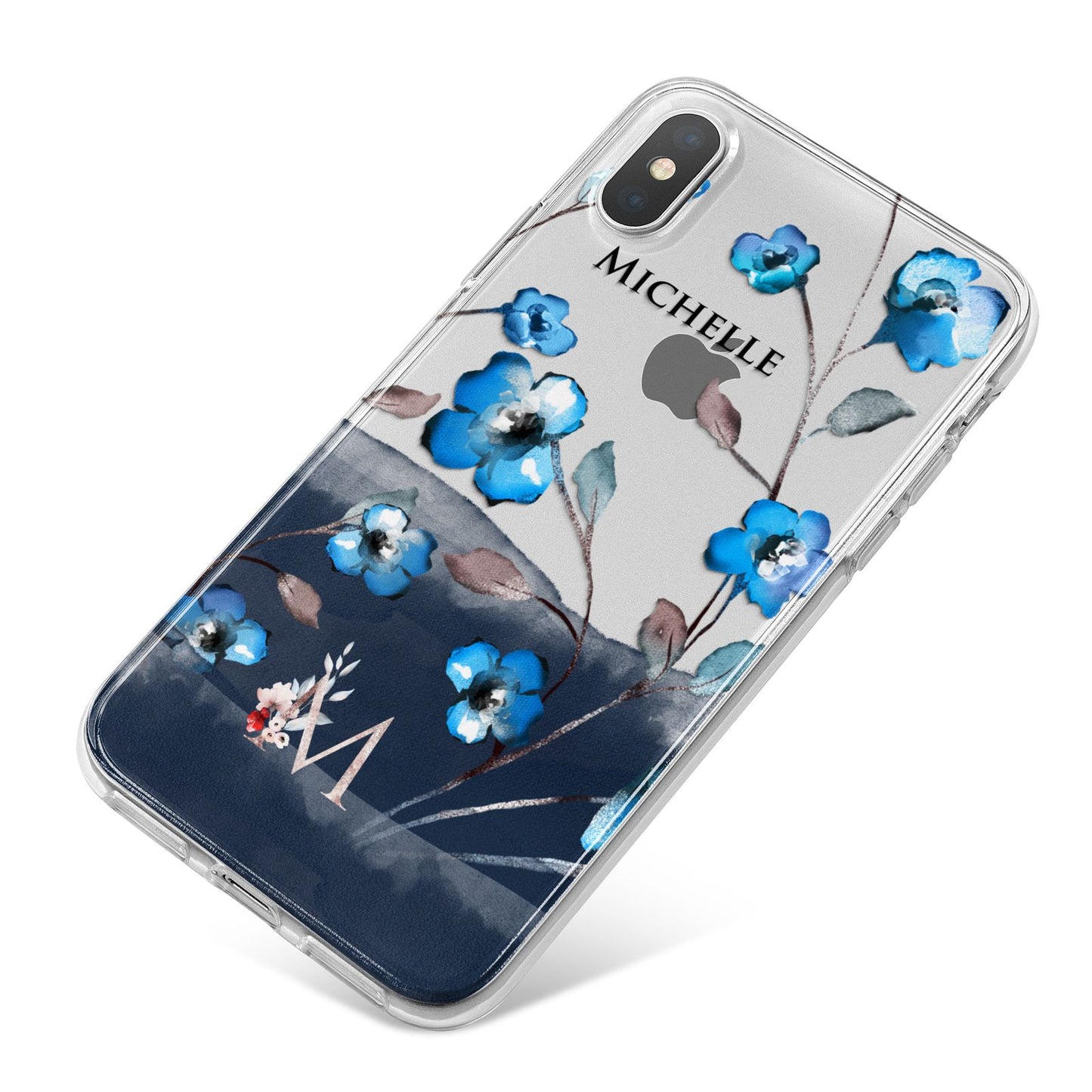 Personalised Blue Watercolour Flowers iPhone X Bumper Case on Silver iPhone