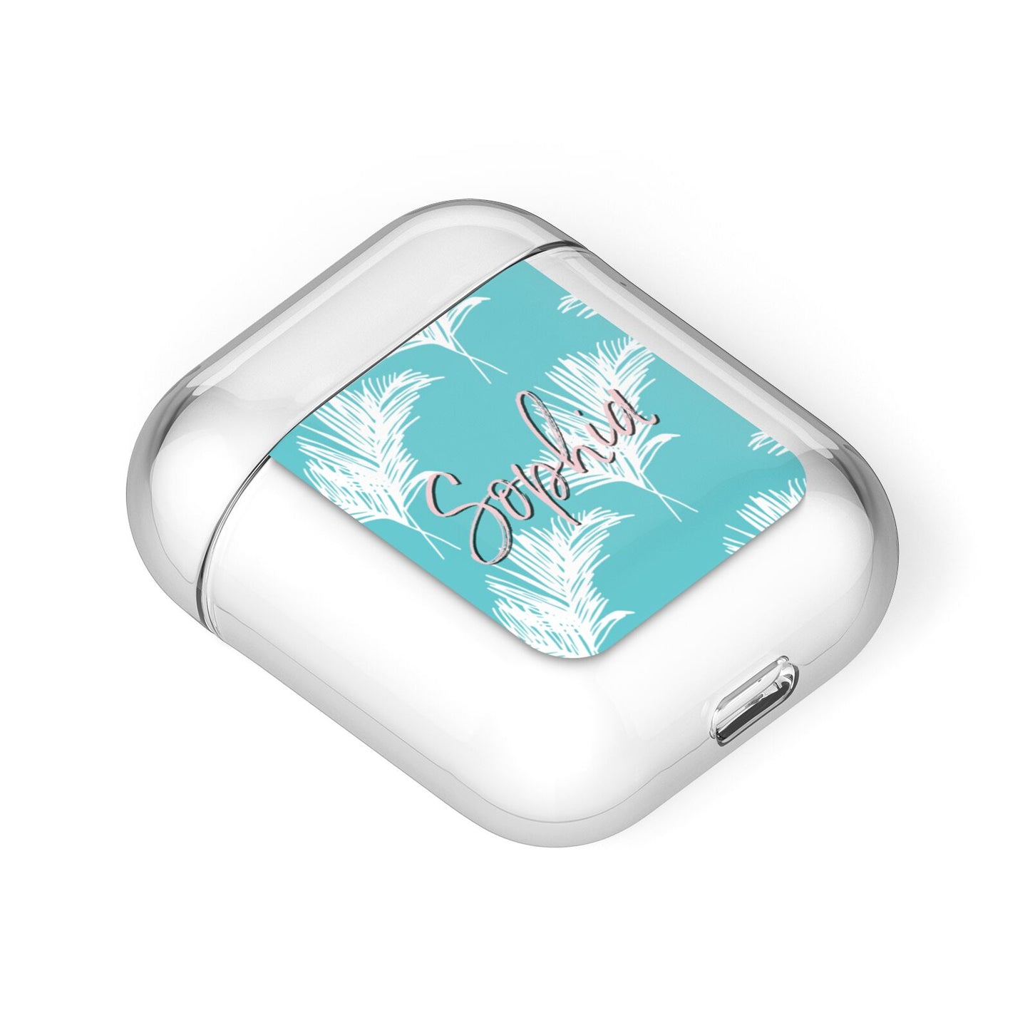 Personalised Blue White Tropical Foliage AirPods Case Laid Flat